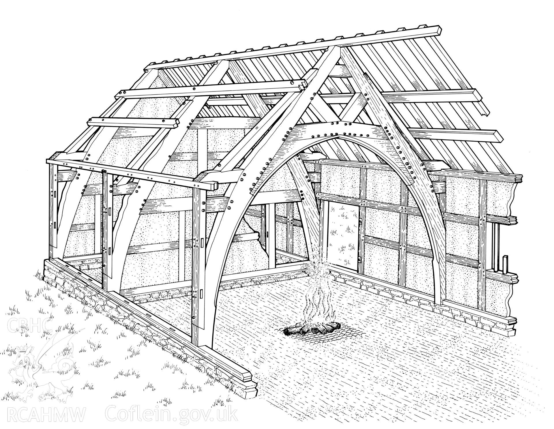 Middle Nant-Serth Farm, St Harmon;  cutaway reconstruction drawing, as published in the RCAHMW volume, Houses and History in the Marches of Wales.  Radnorshire 1400-1800,  page 77, figure 76.