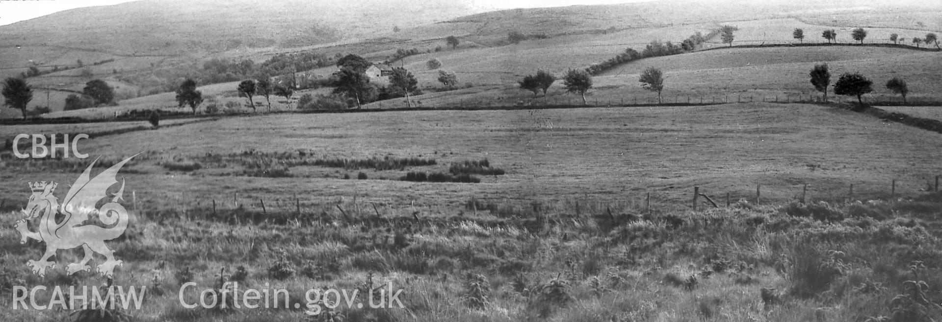 Digitised copy of black and white ground photograph of Rhyd Sarn II Roman practice camp taken by J. K. St. Joseph in 1965, copied from RCAHMS St Joseph Collection for University of Wales Press publication "Roman Camps in Wales and the Marches ", by J.L. Davies and R.H. Jones, Board of Celtic Studies, University of Wales.