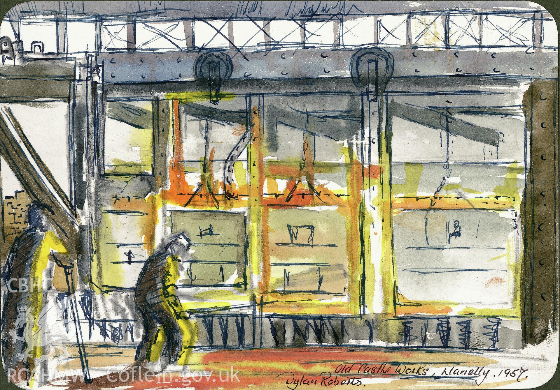 Coloured sketch by Dylan Roberts showing men at work in the interior of Old Castle Works, Llanelli.