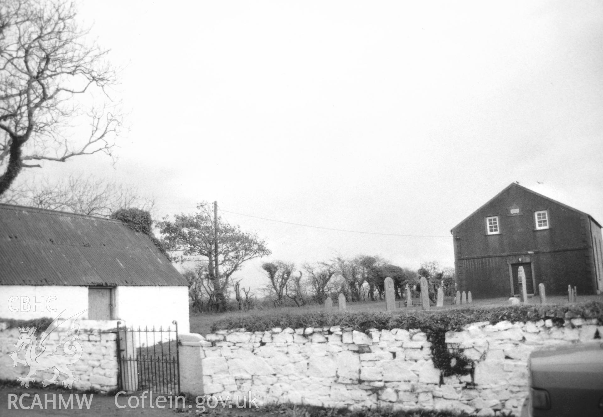 Digital copy of a black and white photograph showing general view of Horeb Independent Chapel,  Martletwy, taken by Robert Scourfield, c.1996.