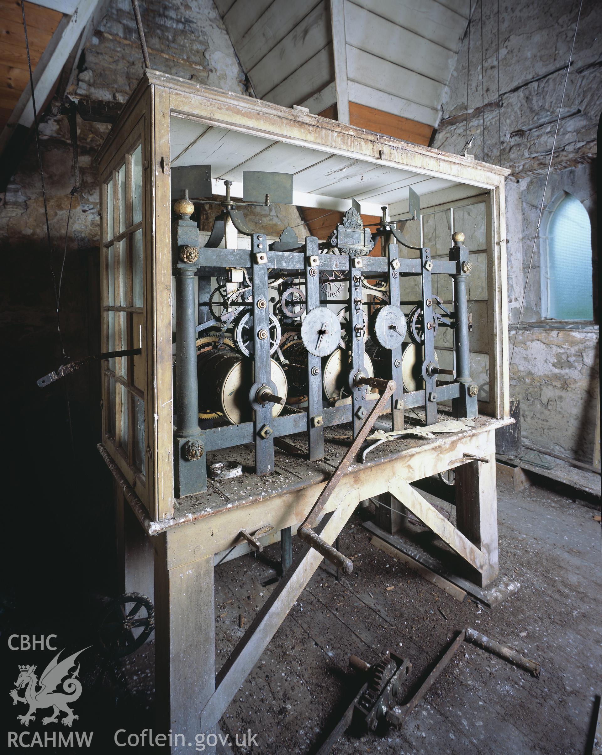 RCAHMW colour transparency showing view of the clock mechanism in the tower at Golden Grove, Llandeilo.