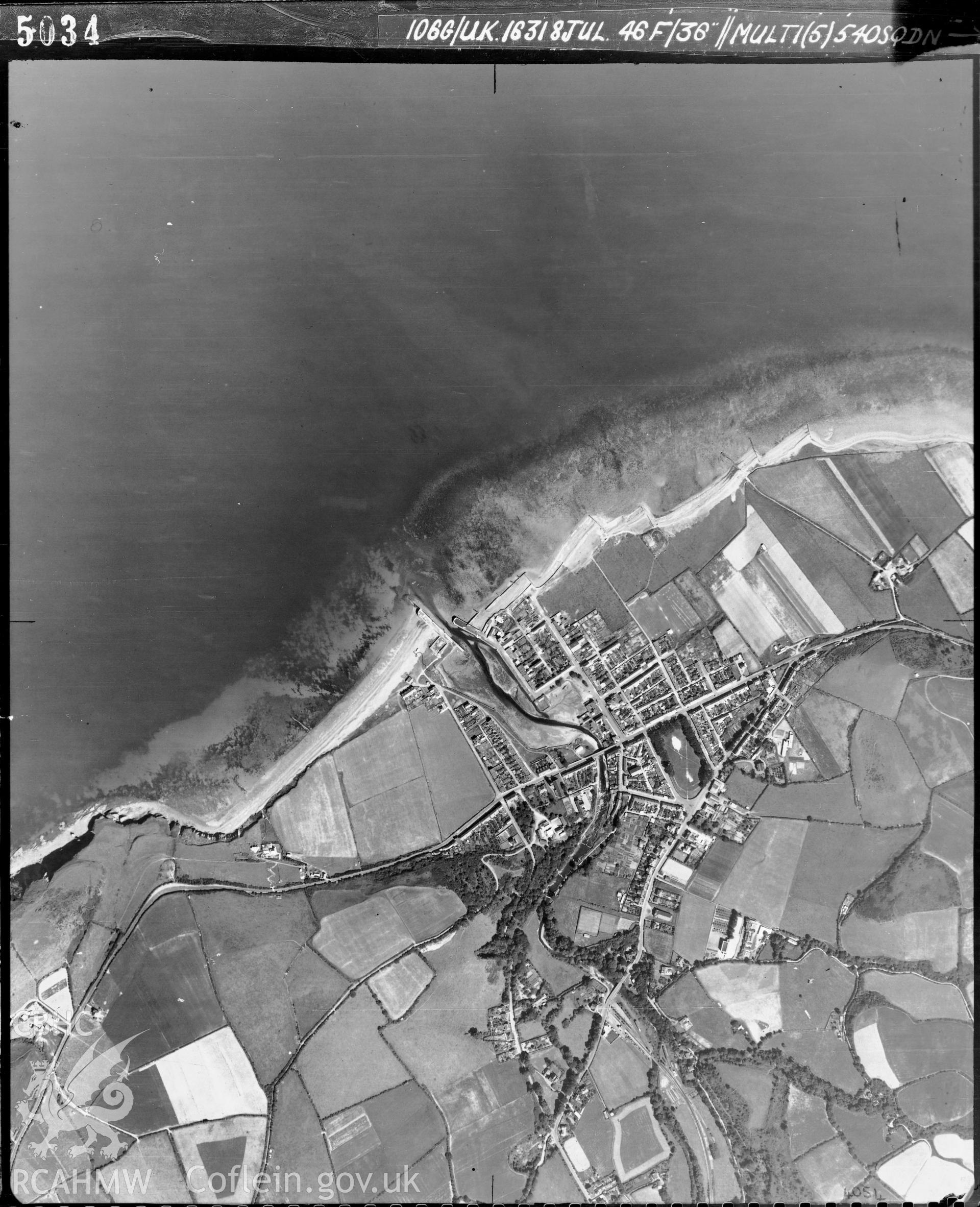 Black and white vertical aerial photograph taken by the RAF on 08/07/1946 centred on SN45586307 at a scale of 1:10000. The photograph includes part of Aberaeron community in Ceredigion.