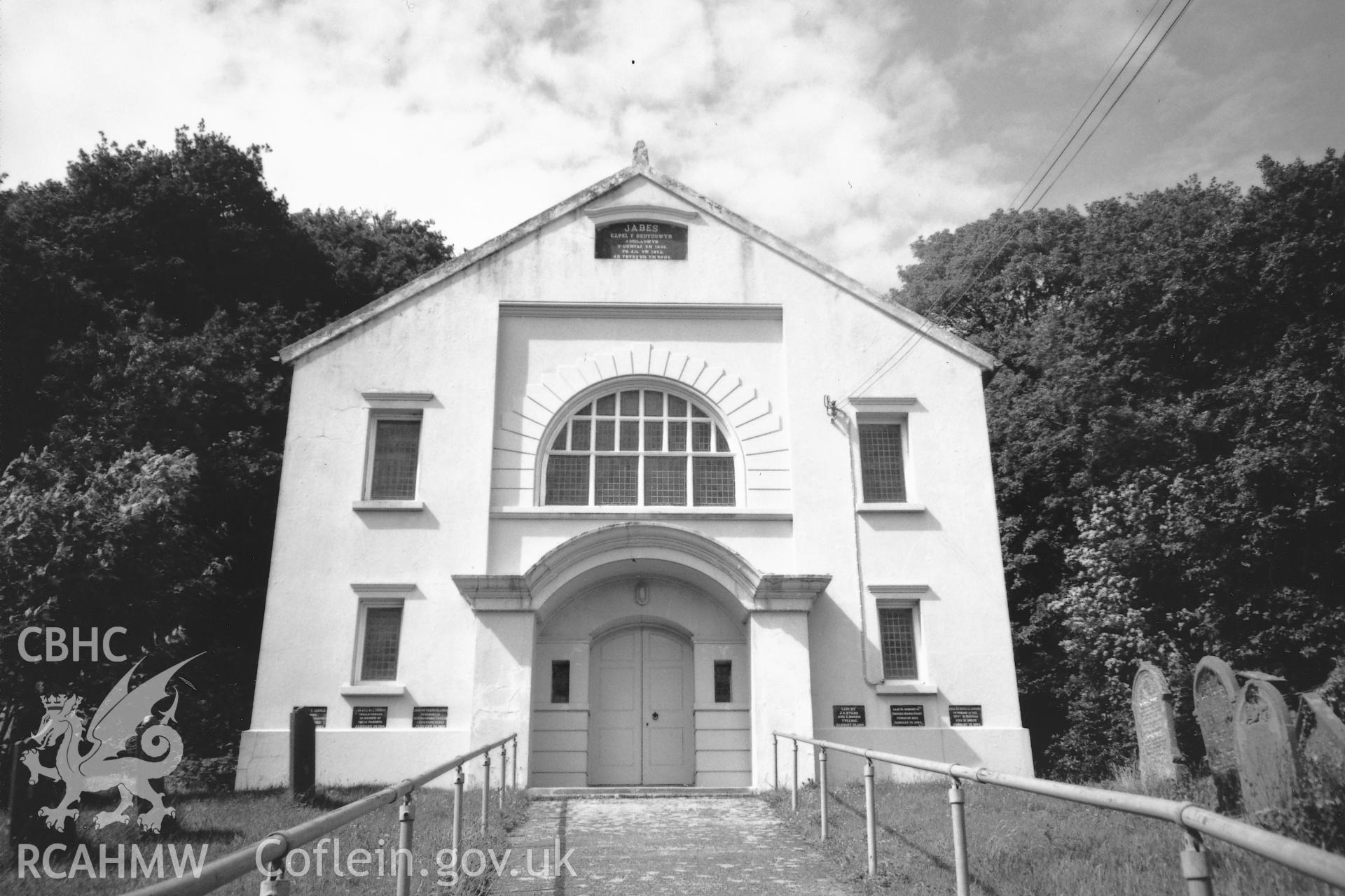 Digital copy of a black and white photograph showing a view of Jabez Baptist Chapel, Pontfaen, taken by Robert Scourfield, 1996.