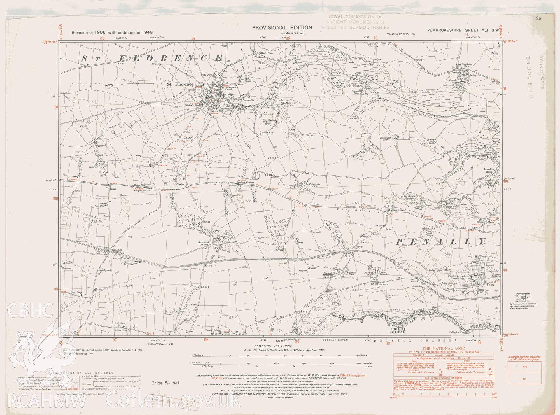 Digital copy of a provisional edition Ordnance Survey map. A revision of the 1906 map, with additions in 1948, covering  the St. Florence area.