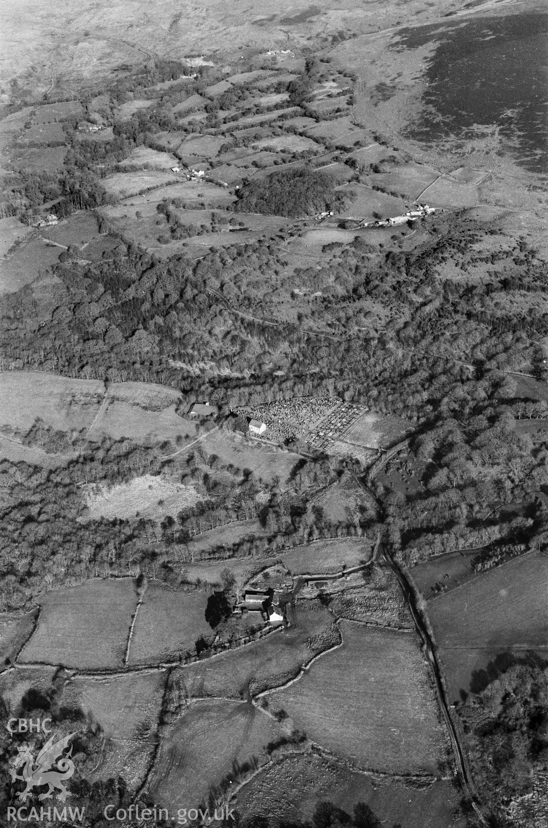 RCAHMW black and white oblique aerial photograph of Hen Bethel, Garnant, taken by Toby Driver, 2001