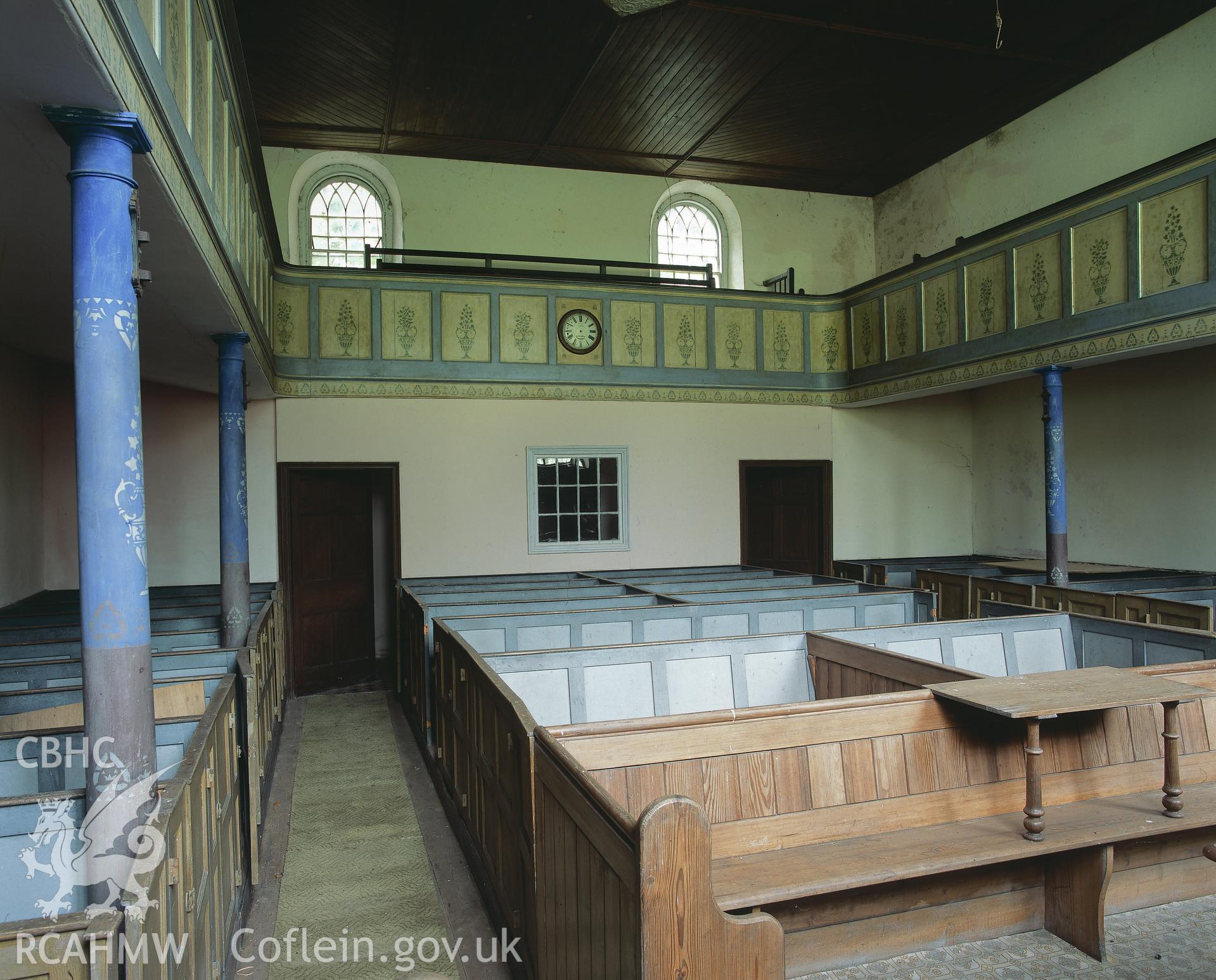 Digitised copy of a colour transparency of an interior view of Libanus Chapel, Llansadwrn. Original not transferred to NMRW Archive.