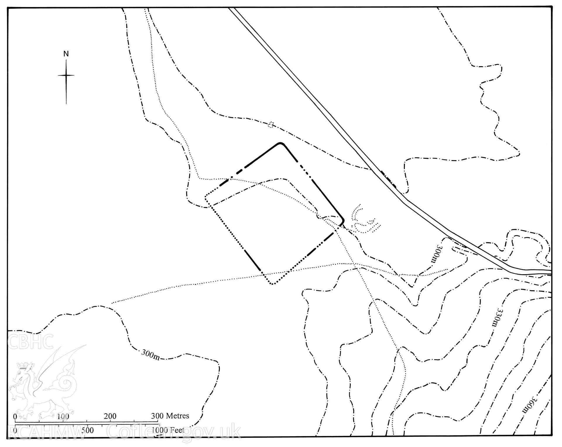 Figure 71: Paper and digitised copy of drawing of Carn Caca Roman marching camp, produced for University of Wales Press publication "Roman Camps in Wales and the Marches", by J.L. Davies and R.H. Jones, Board of Celtic Studies, University of Wales.