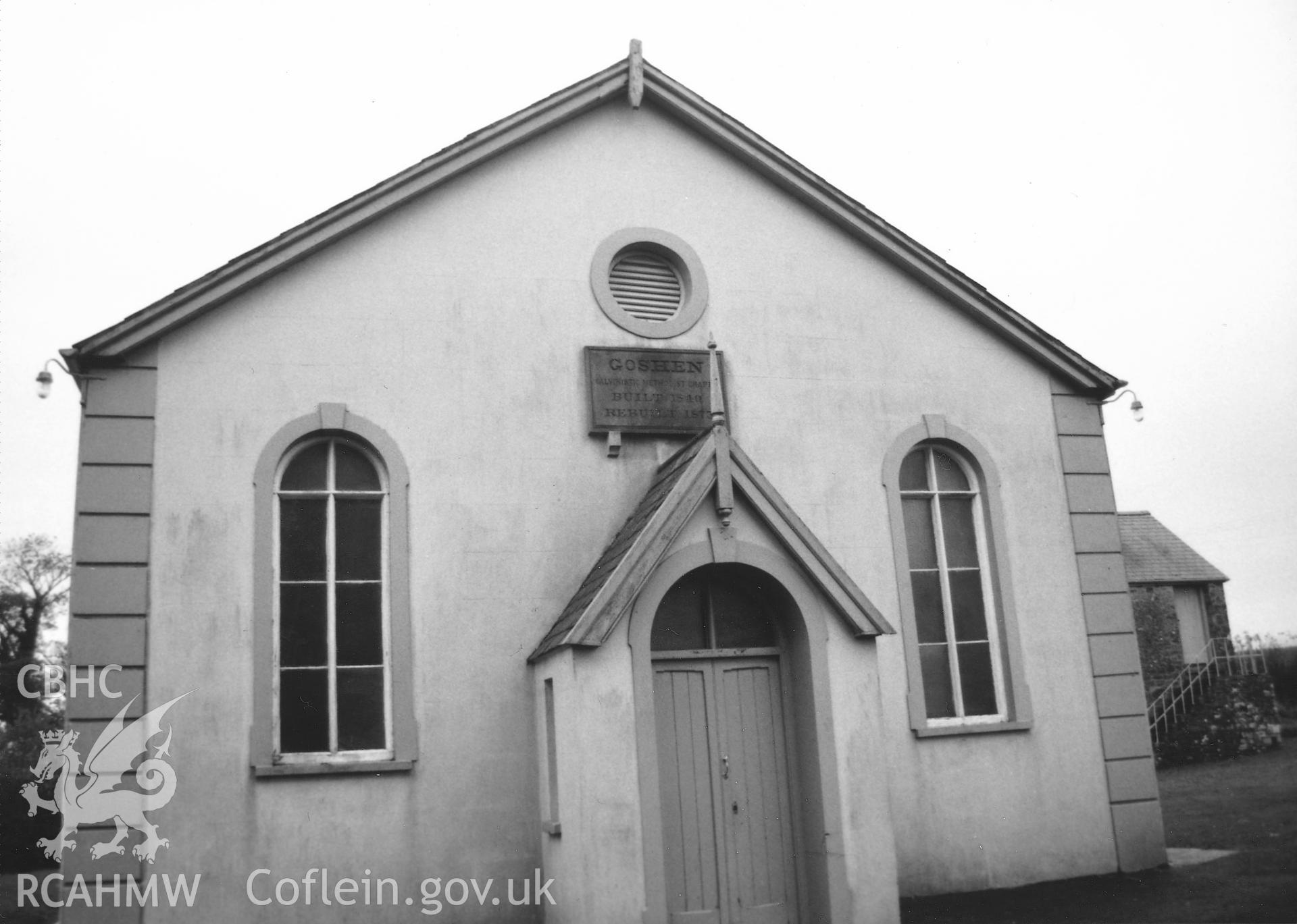 Digital copy of a black and white photograph showing general view of Goshen Calvinistic Methodist Chapel,  Llawhaden, taken by Robert Scourfield, c.1996.