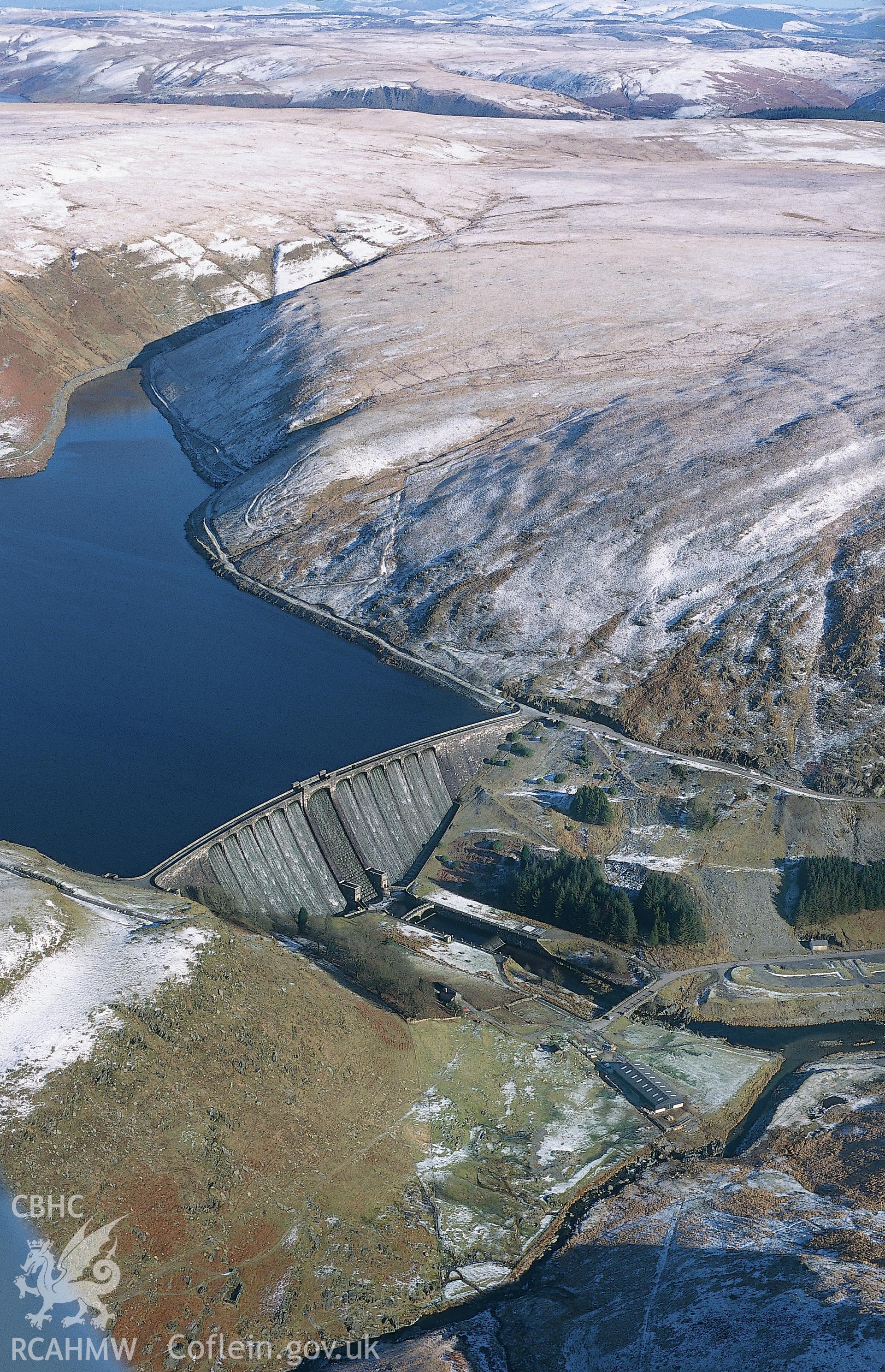RCAHMW colour oblique aerial photograph of Claerwen Dam, Elan Valley taken on 31/01/2003 by Toby Driver