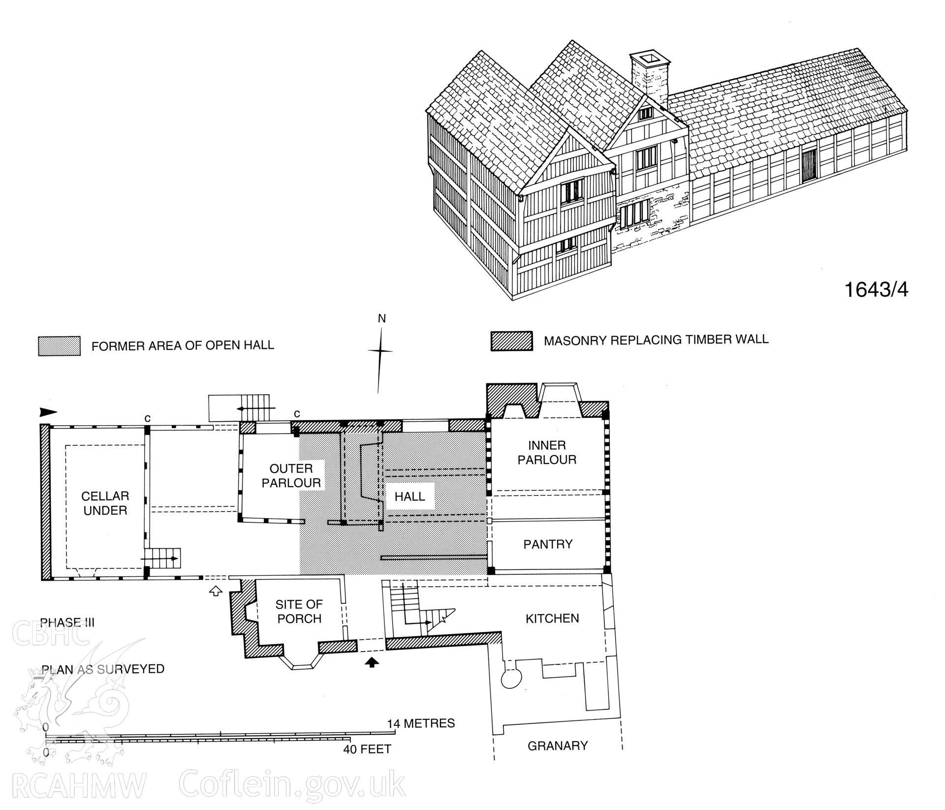 Burfa, Evenjobb;   measured drawing comprising perspective sketch and plan, as published in the RCAHMW volume, Houses and History in the Marches of Wales.  Radnorshire 1400-1800,  page 164, figure 173.