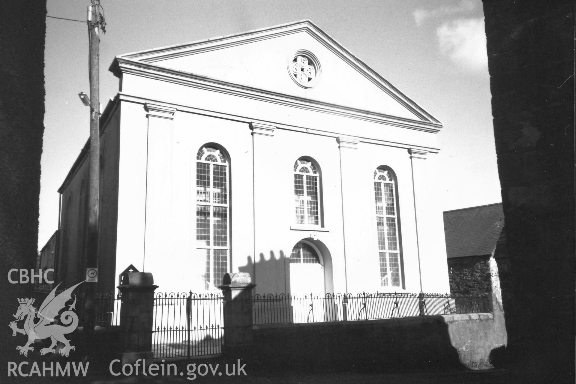 Digital copy of a black and white photograph showing general view of Tabernacle Congregational Chapel, Narberth, taken by Robert Scourfield, 1996.