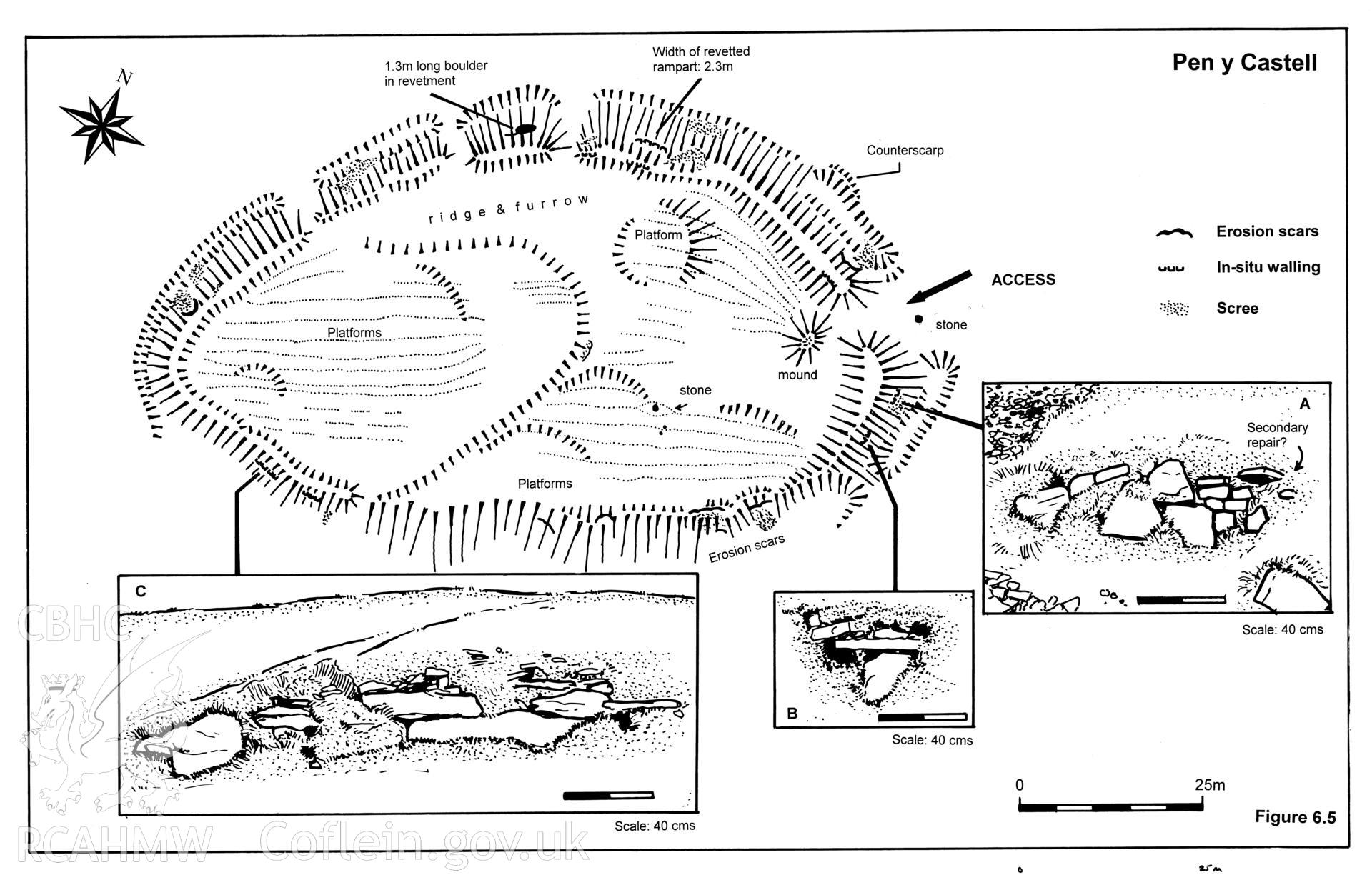 Digital copy of plan and detail drawings of Pen y Castell Hillfort, produced as part of a PHD thesis entitled "The Hillforts of North Ceredigion: Architecture, Landscape Approaches and Cultural Contexts", by Toby Driver, 2005. Originals not yet deposited in NMR Archive.