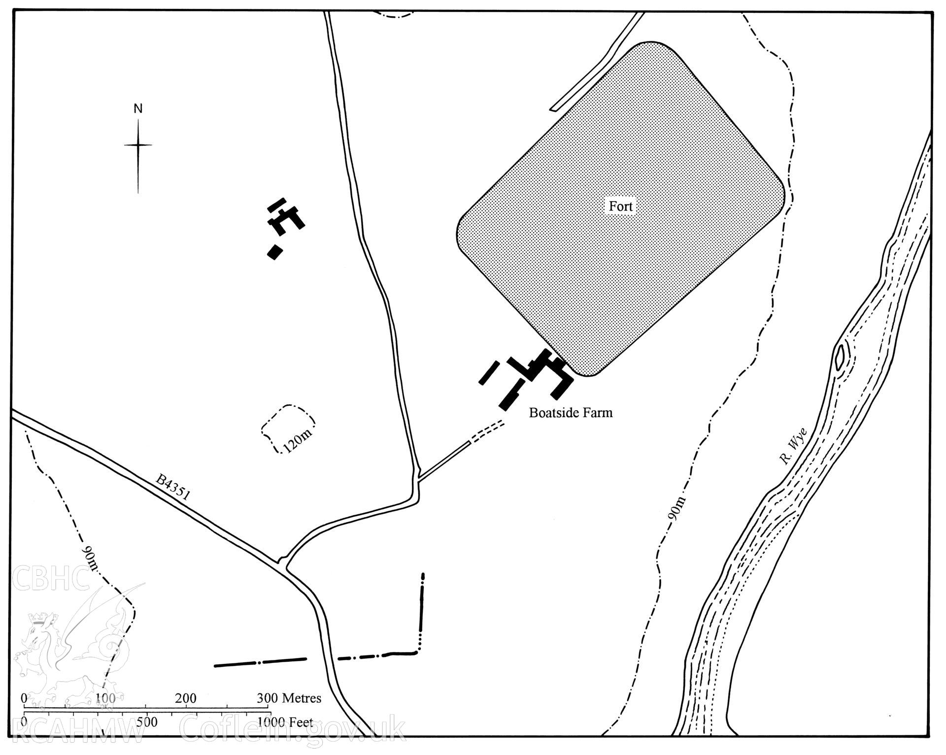Figure 81: Paper and digitised copy of drawing of Boatside Farm Roman marching camp, produced for University of Wales Press publication "Roman Camps in Wales and the Marches", by J.L. Davies and R.H. Jones, Board of Celtic Studies, University of Wales.