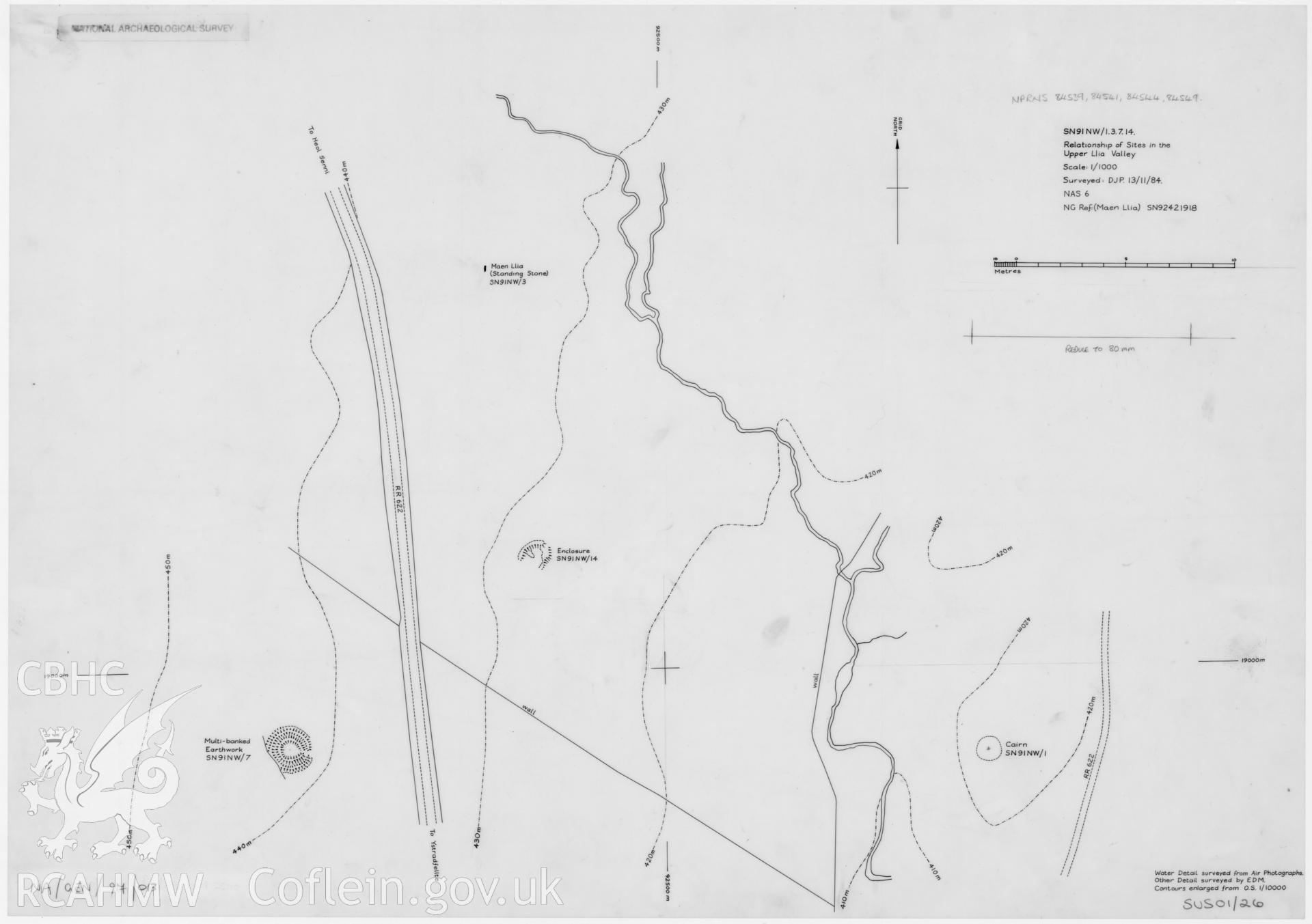 Ink on film, measured multisite plan showing relationship of sites in the Upper Llia Valley, consisting of Rhyd Uchaf Cairn, Rhyd Uchaf Platform, Maen Llia Standing Stone and Llech-Llia Ring Barrow,  produced as part of the Southern Uplands Survey by D.J. Percival on   (Ref Numbers SN91NW/1,3,7,14;  National Archaeological Survey 6)