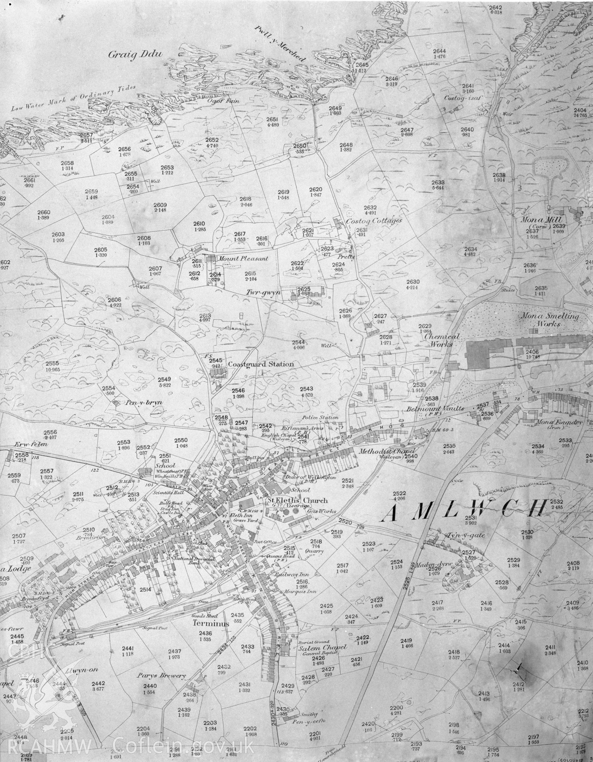 Black and white acetate negative showing early maps of the area around Amlwch.