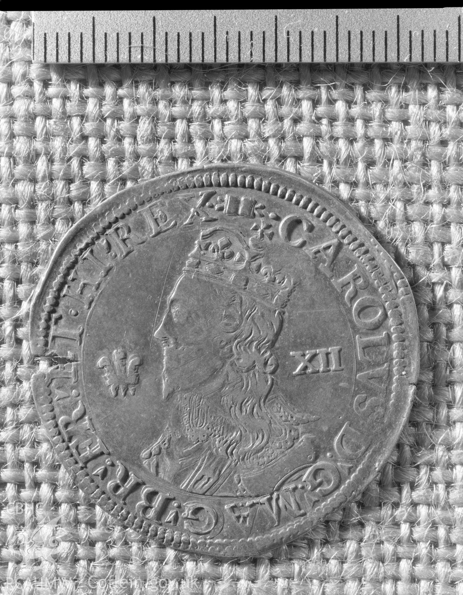 Black and white acetate negative showing coin from Aberystwyth Mint.