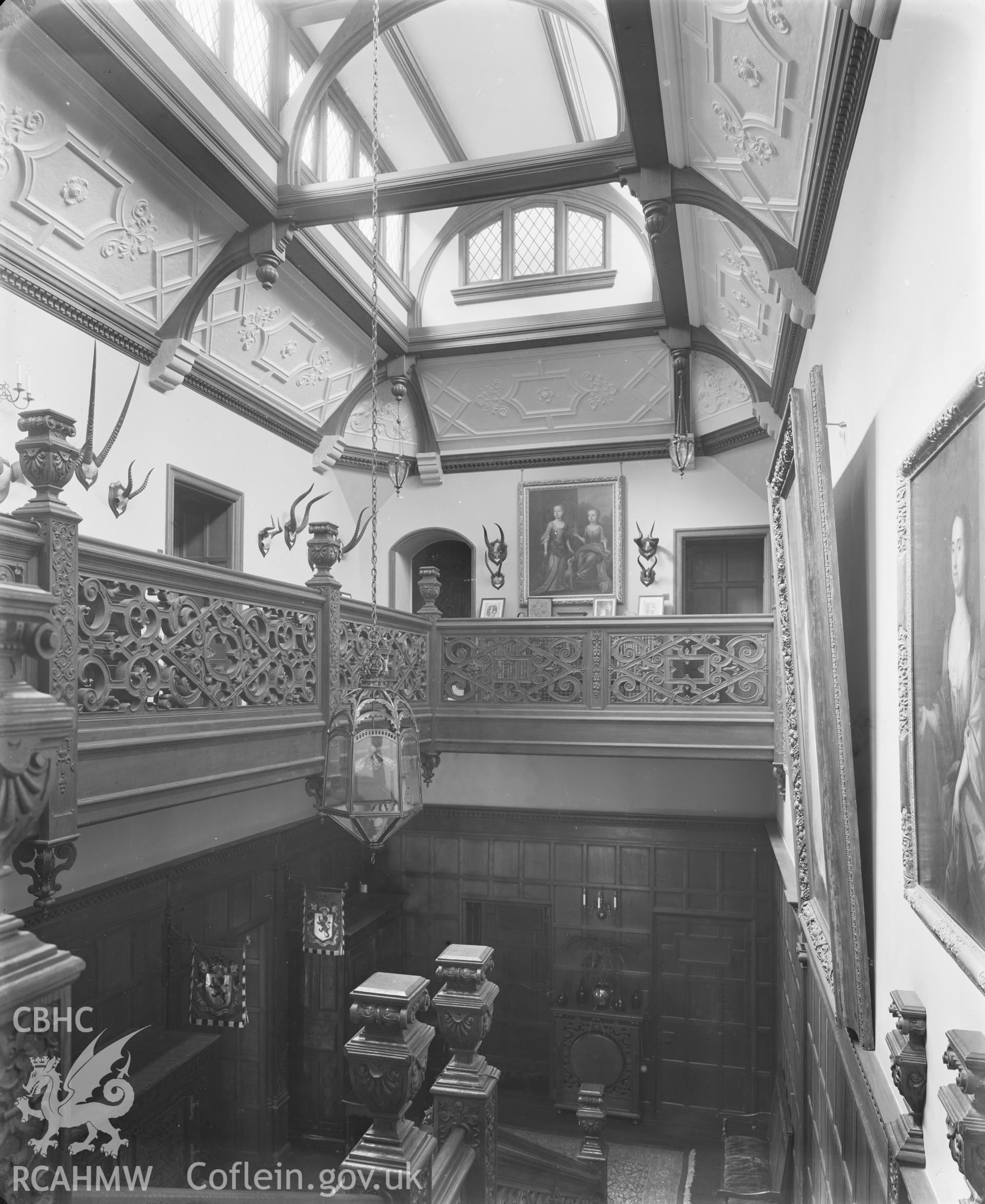 Outsize glass plate negative showing interior view of Coomb House.