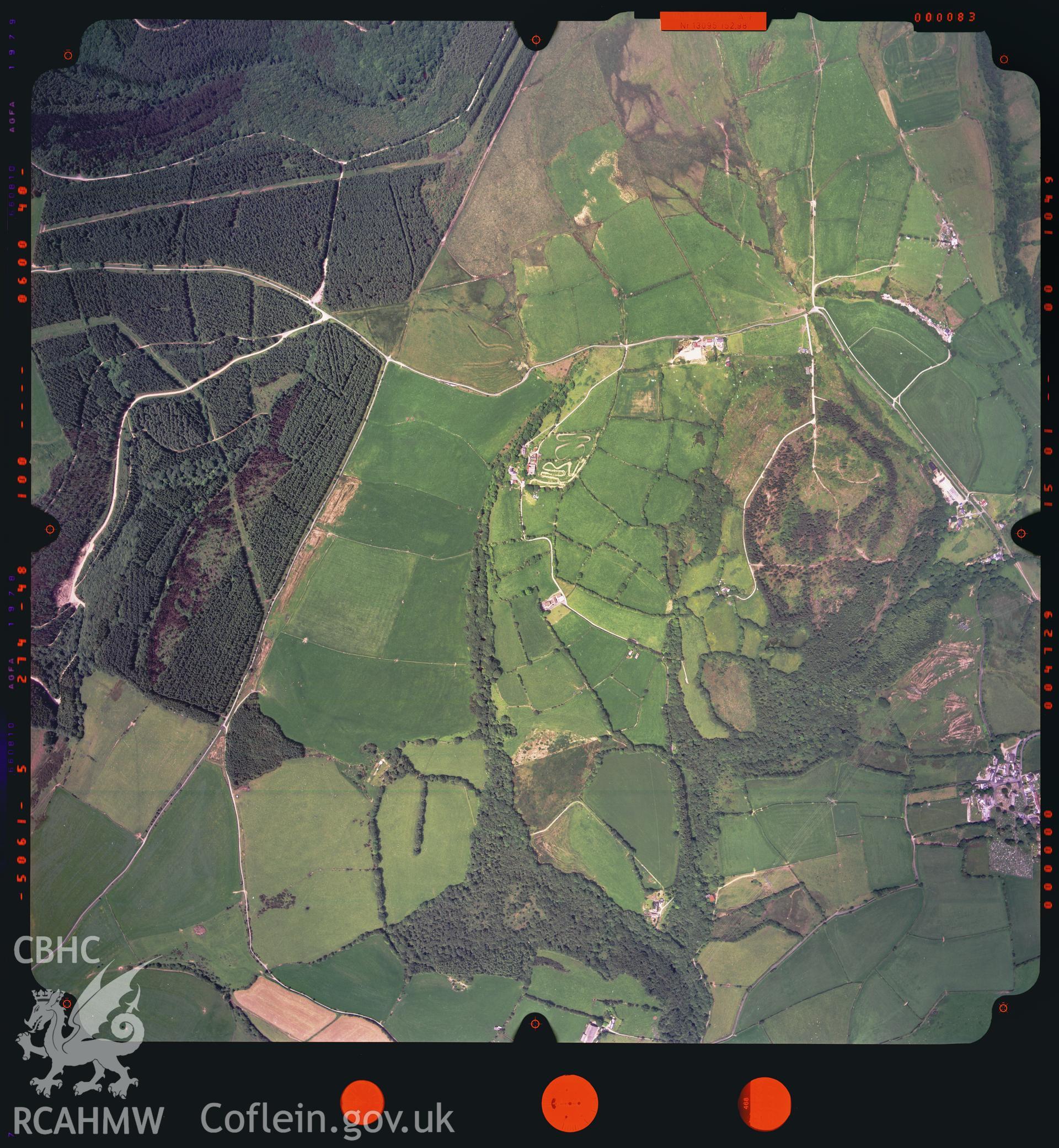 Digitized copy of a colour aerial photograph showing the area around Llangynwyd, taken by Ordnance Survey, 2003.