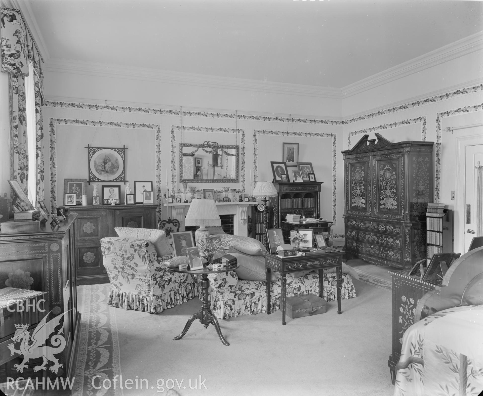 Outsize glass plate negative showing interior view of Coomb House.