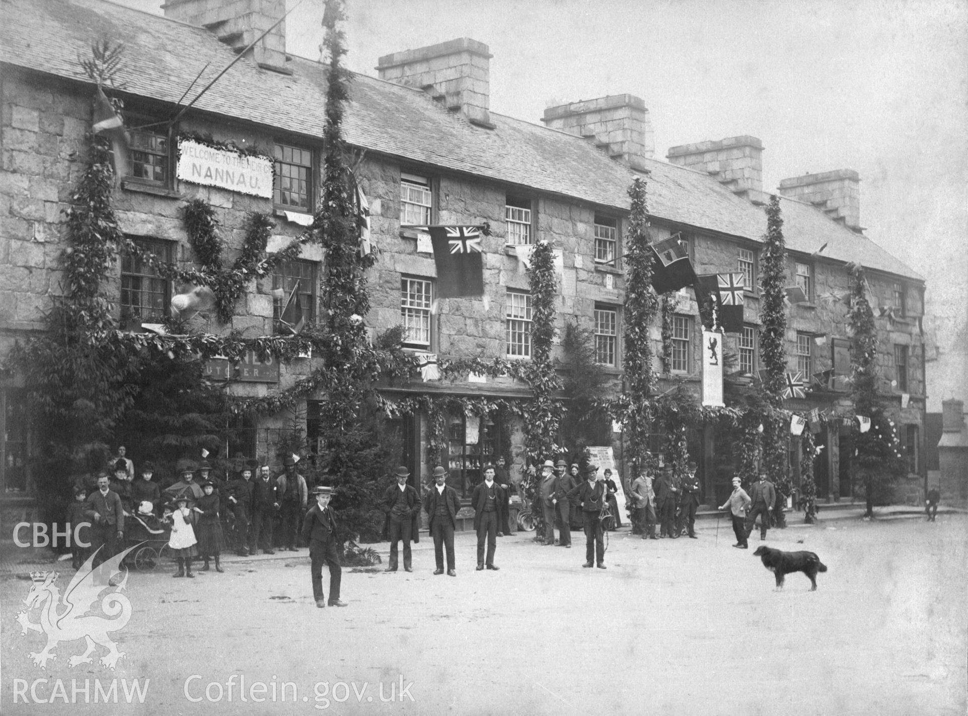 Copy of a black and white print showing Eldon Row, Dolgellau, Merioneth, 1888. Negative held