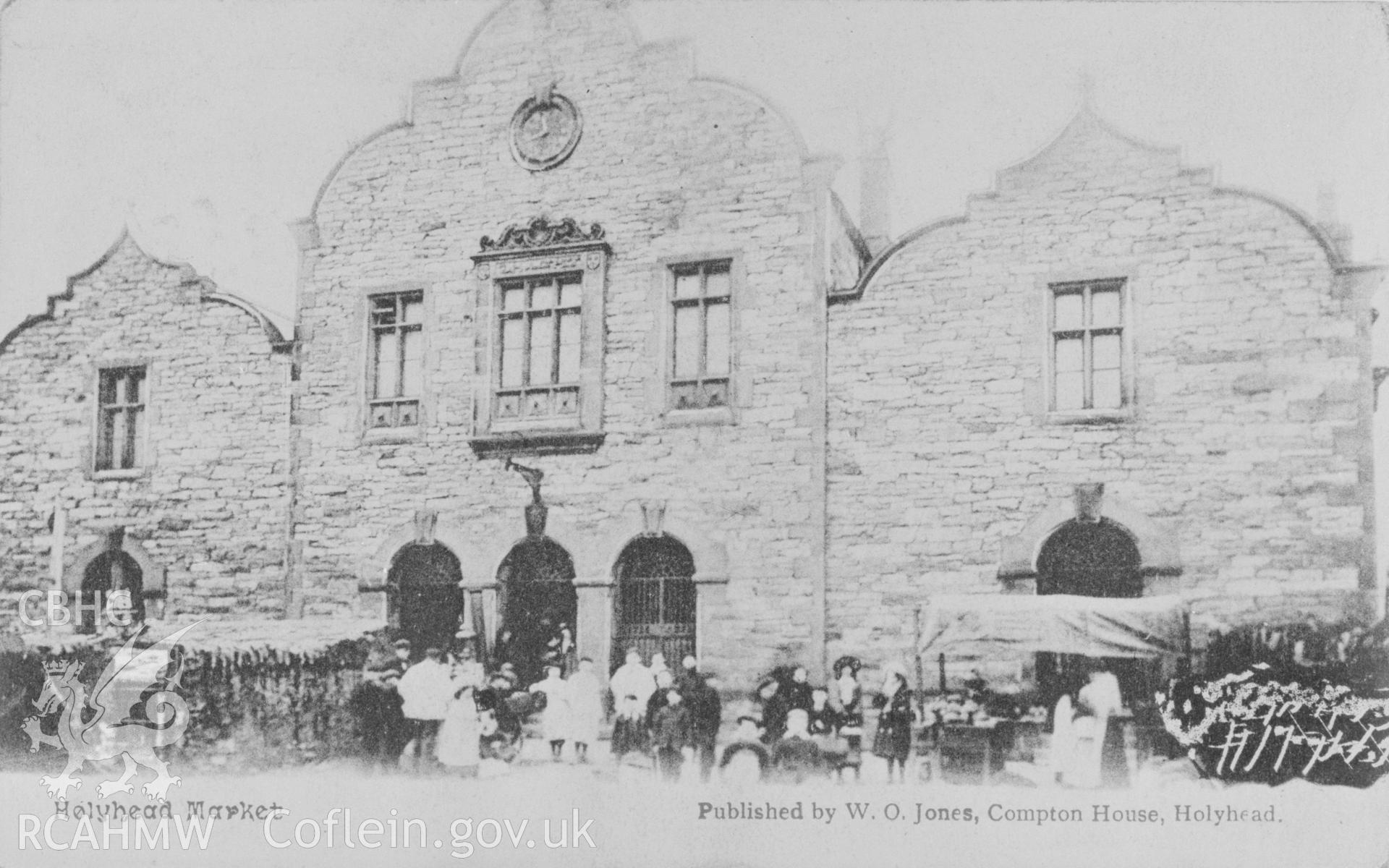 Black and white print of New Market Hall, Holyhead, copied from a postcard loaned by T Lloyd.