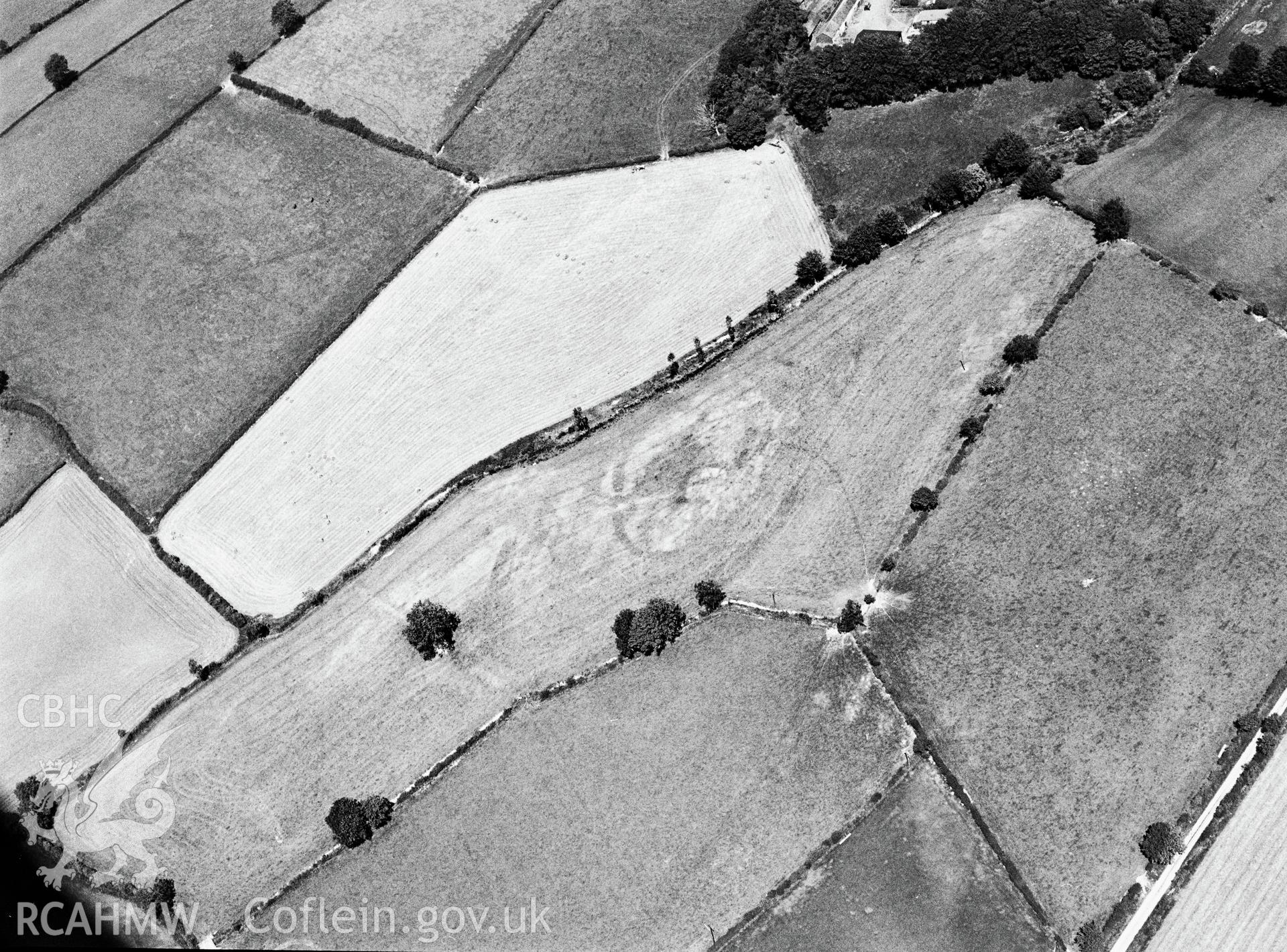 RCAHMW black and white oblique aerial photograph of cropmarks at Llwyn Bwch, taken 2003..