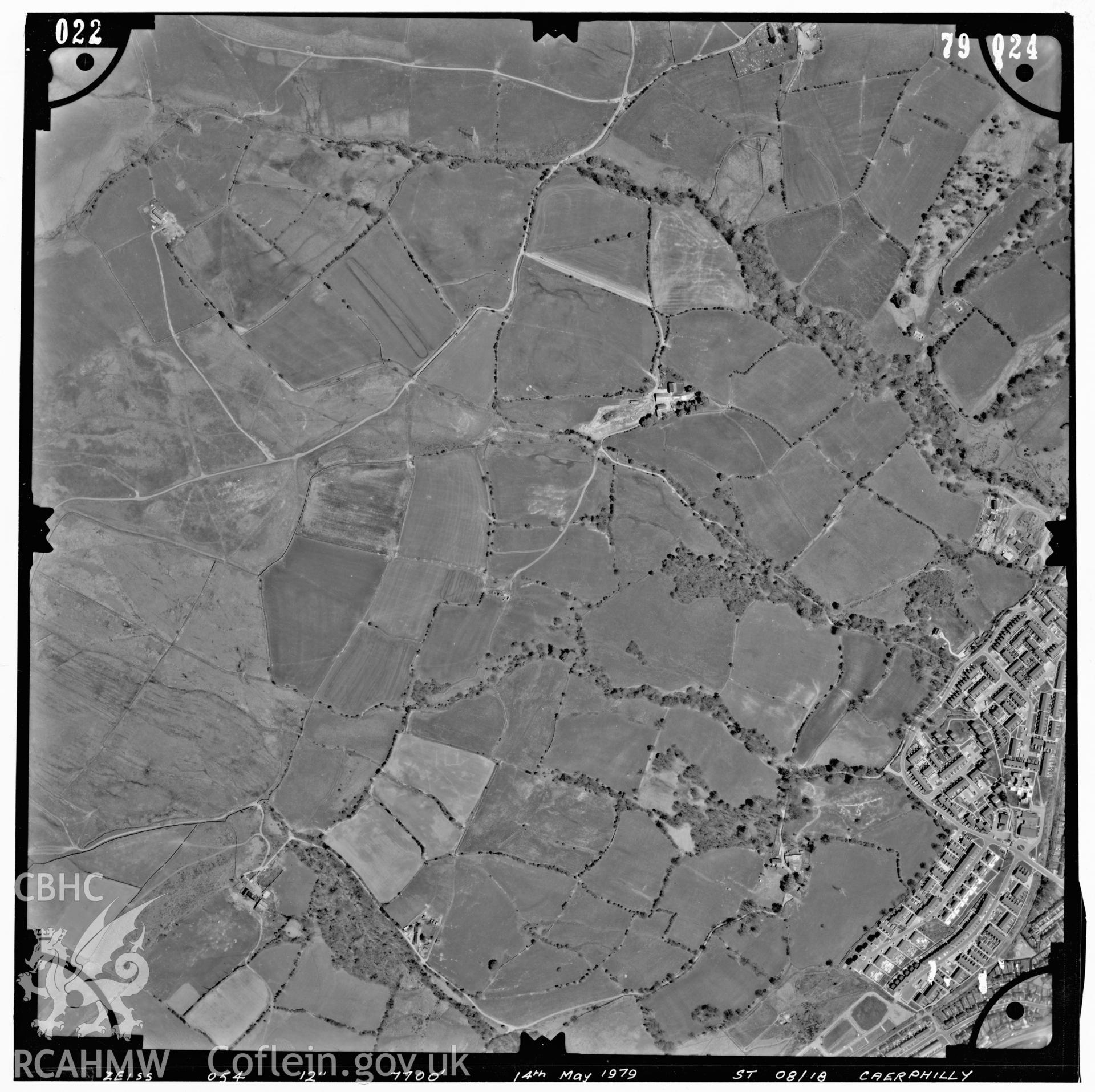 Digitized copy of an aerial photograph showing Pontypridd area (centred on NGR 309984 189766) taken by Ordnance Survey, 1979.