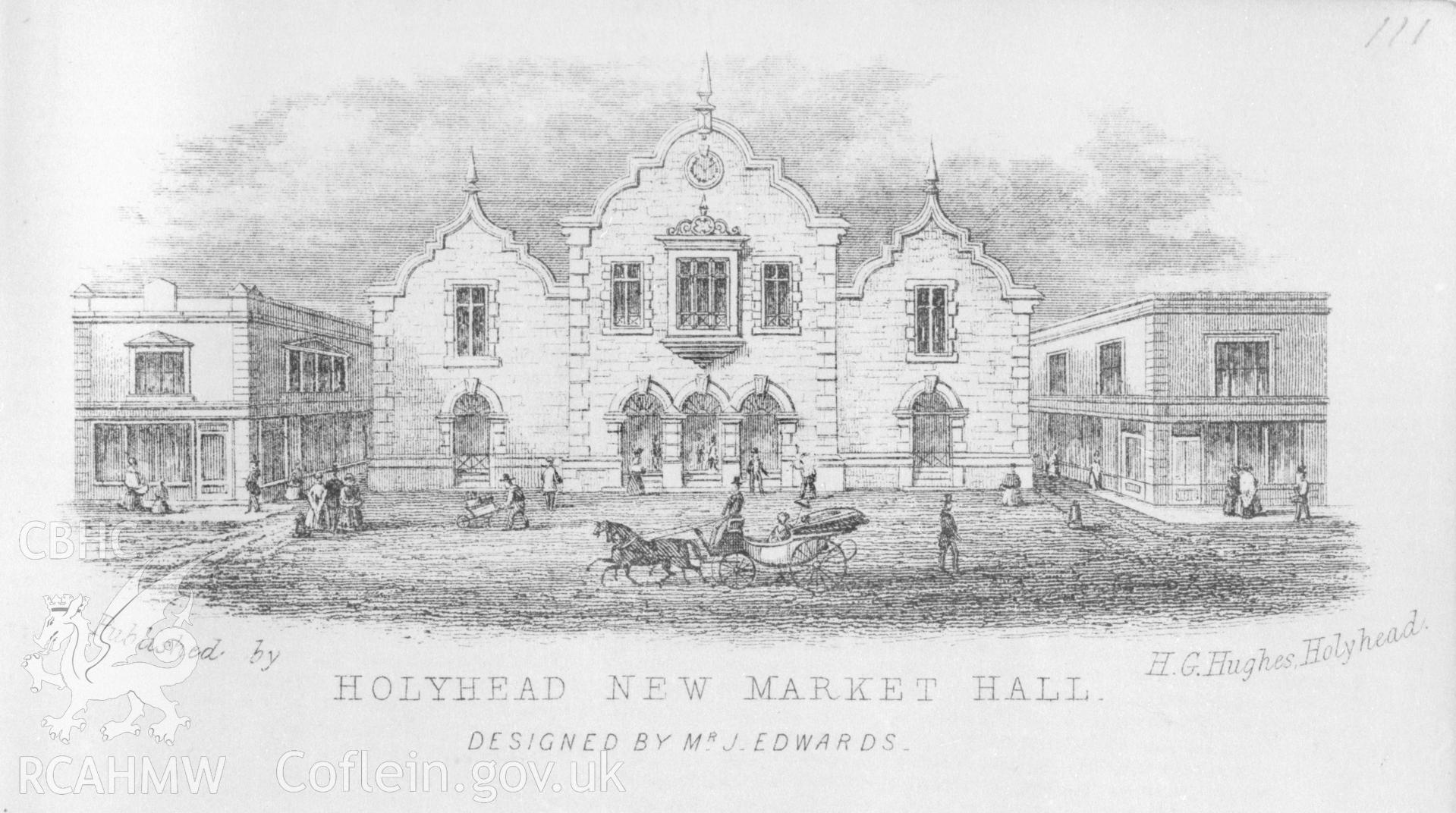 Black and white print of new Market Hall, Holyhead, taken from a paper heading in the Sansbury collection.
