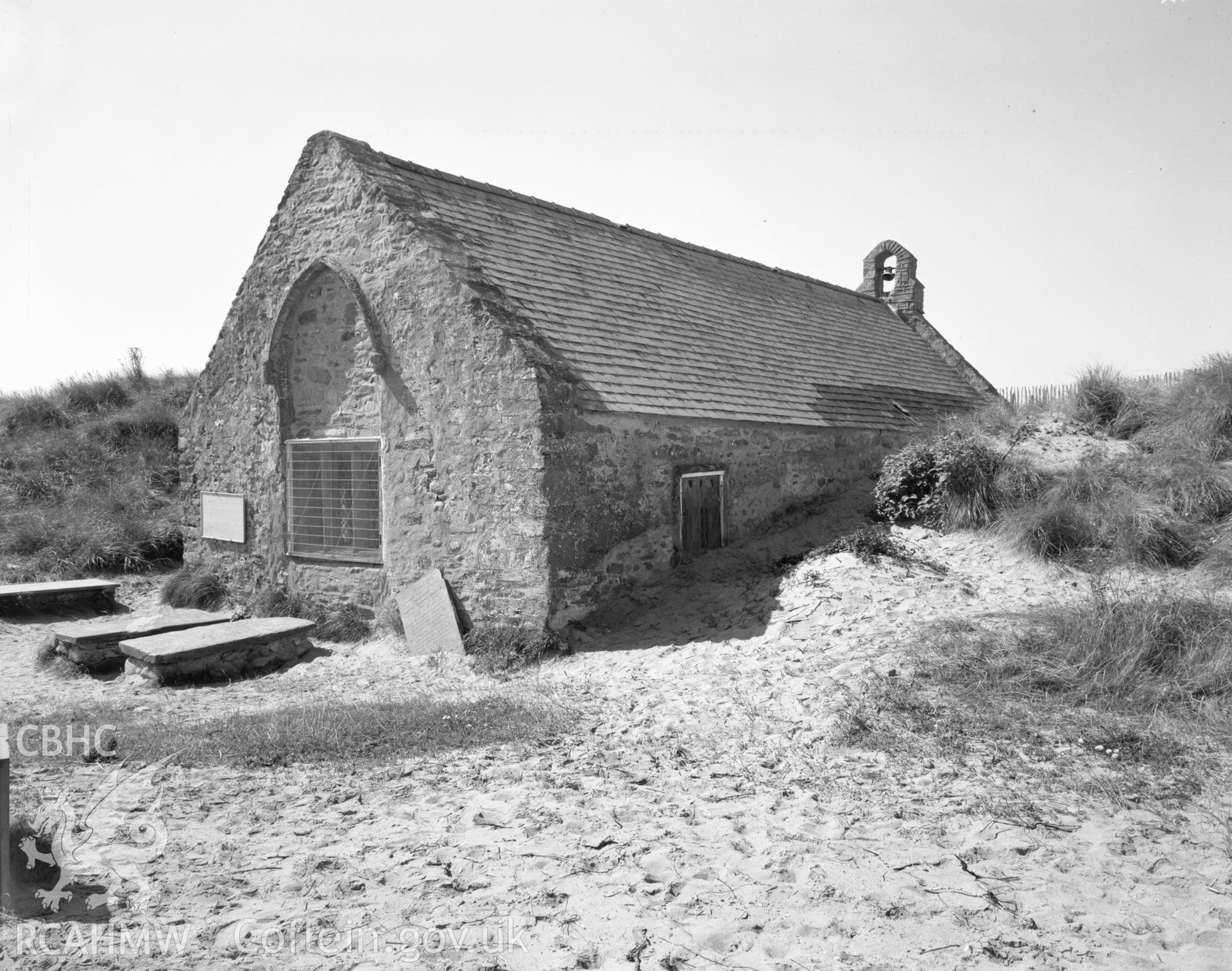 Black and white acetate negative showing exterior view of Llandanwg Church.