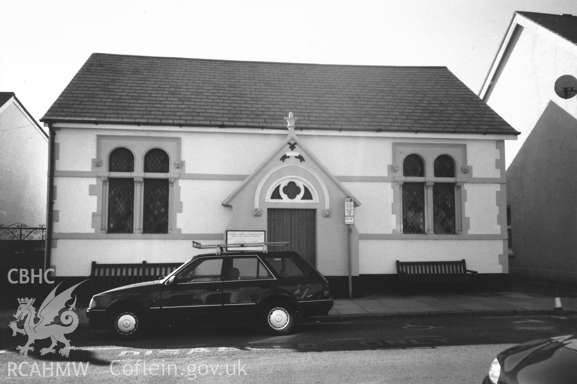 Digital copy of a black and white photograph showing general view of Wesleyan Methodist Chapel, Sheep Street, Narberth, taken by Robert Scourfield, c.1996.