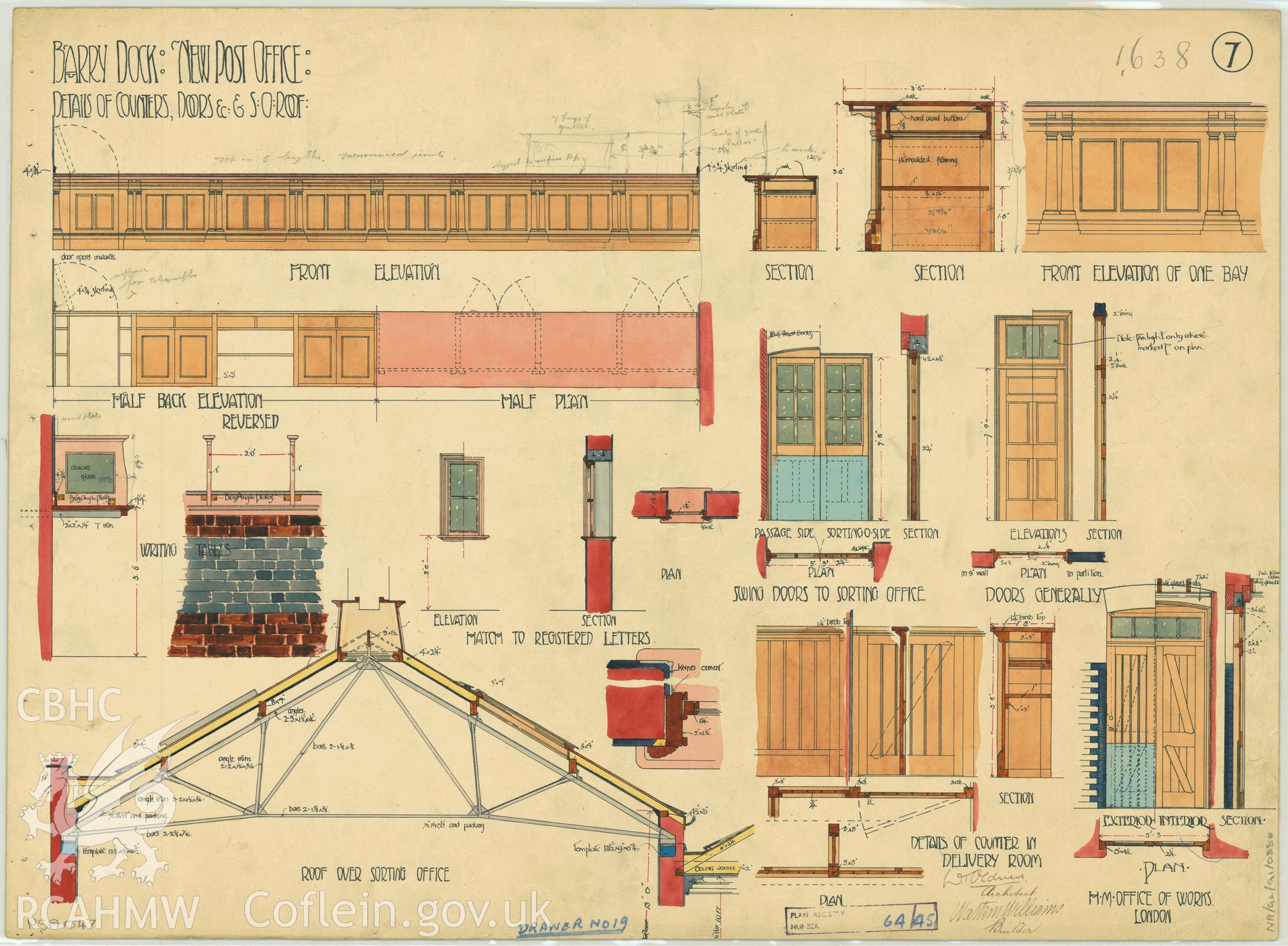 Post Office, Thompson Street, Barry Dock; measured drawing showing detail of counters, doors and sorting office roof, produced by  H.M. Office of Works, undated.