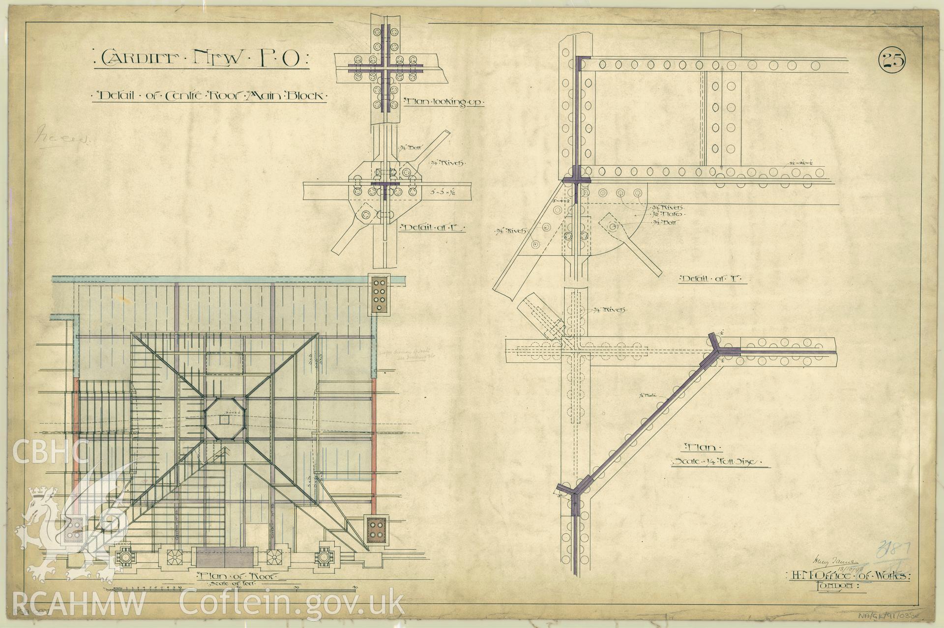 Cardiff Head Post Office, Westgate Street; original ink on fabric drawing produced by Henry Tanner of H.M. Office of Works, showing detail of centre roof, main block at Cardiff New P.O., dated October 1893.