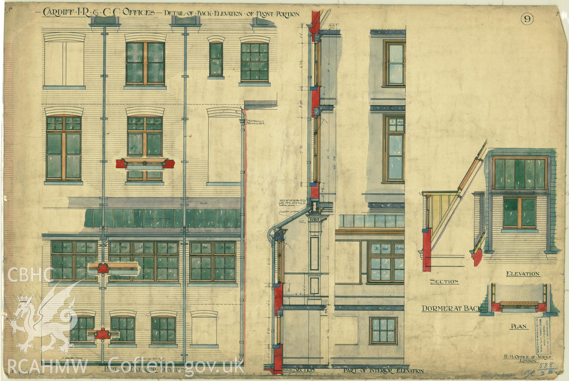 Cardiff Inland Revenue and County Court Offices; measured drawing showing detail of back elevation of front portion, produced by H.M. Office of Works,  undated.