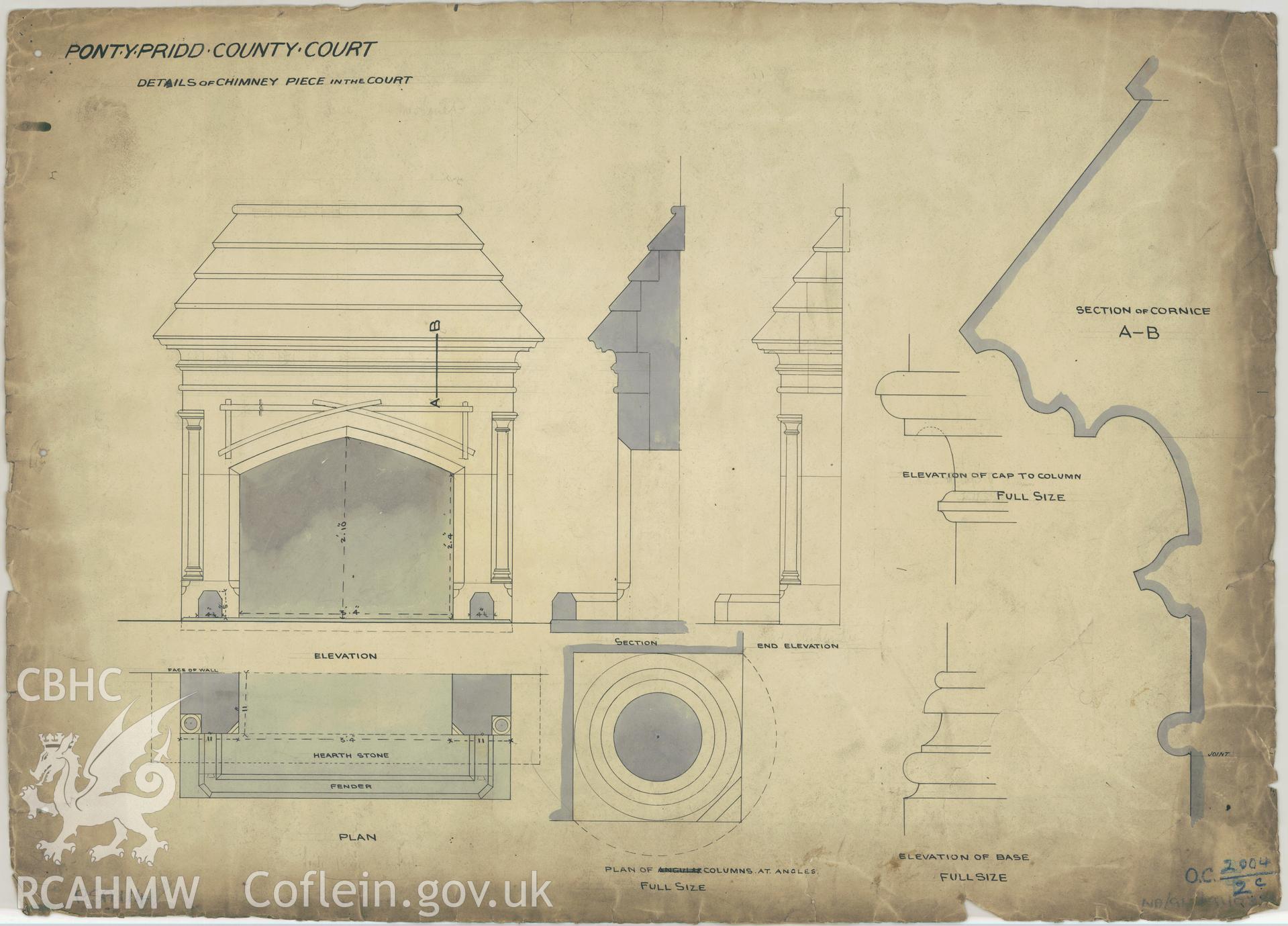 Court House, Pontypridd;  measured drawing showing detail of fireplace, produced by Charles Reeves for H.M. Office of Works, 1857.