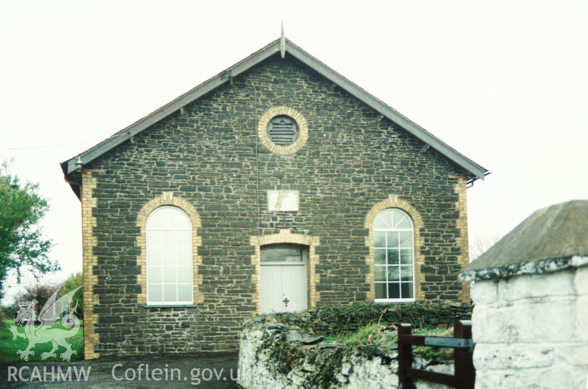 Digital copy of a colour photograph showing an exterior view of Pen-rhiw Welsh Calvinistic Methodist Chapel, Trawsnant,  taken by Robert Scourfield, c.1996.