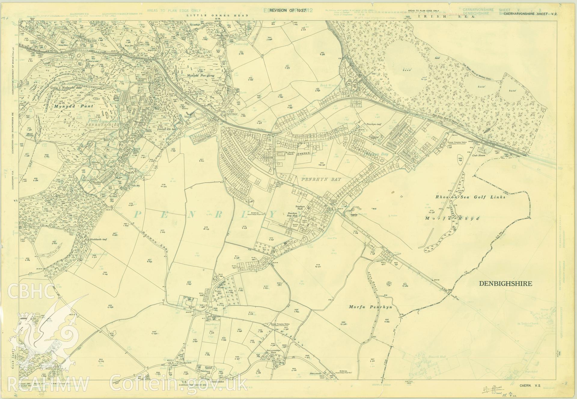 Digitized copy of Ordnance Survey 25 inch coloured map of 1937 showing area within Caernarvonshire