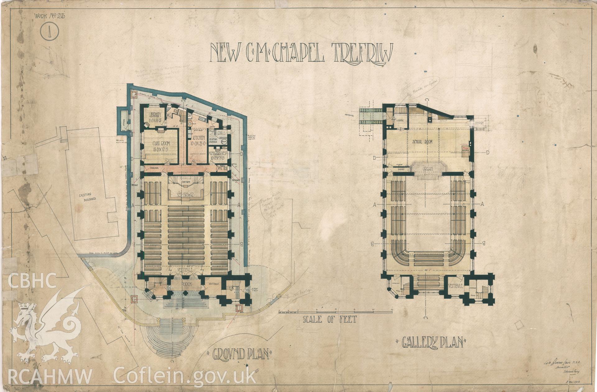 Digitized copy of a 1906 coloured drawing showing ground plan and gallery plan of Peniel Chapel, Trefriw produced by G. Dickens-Lewis, architect of Shrewsbury.