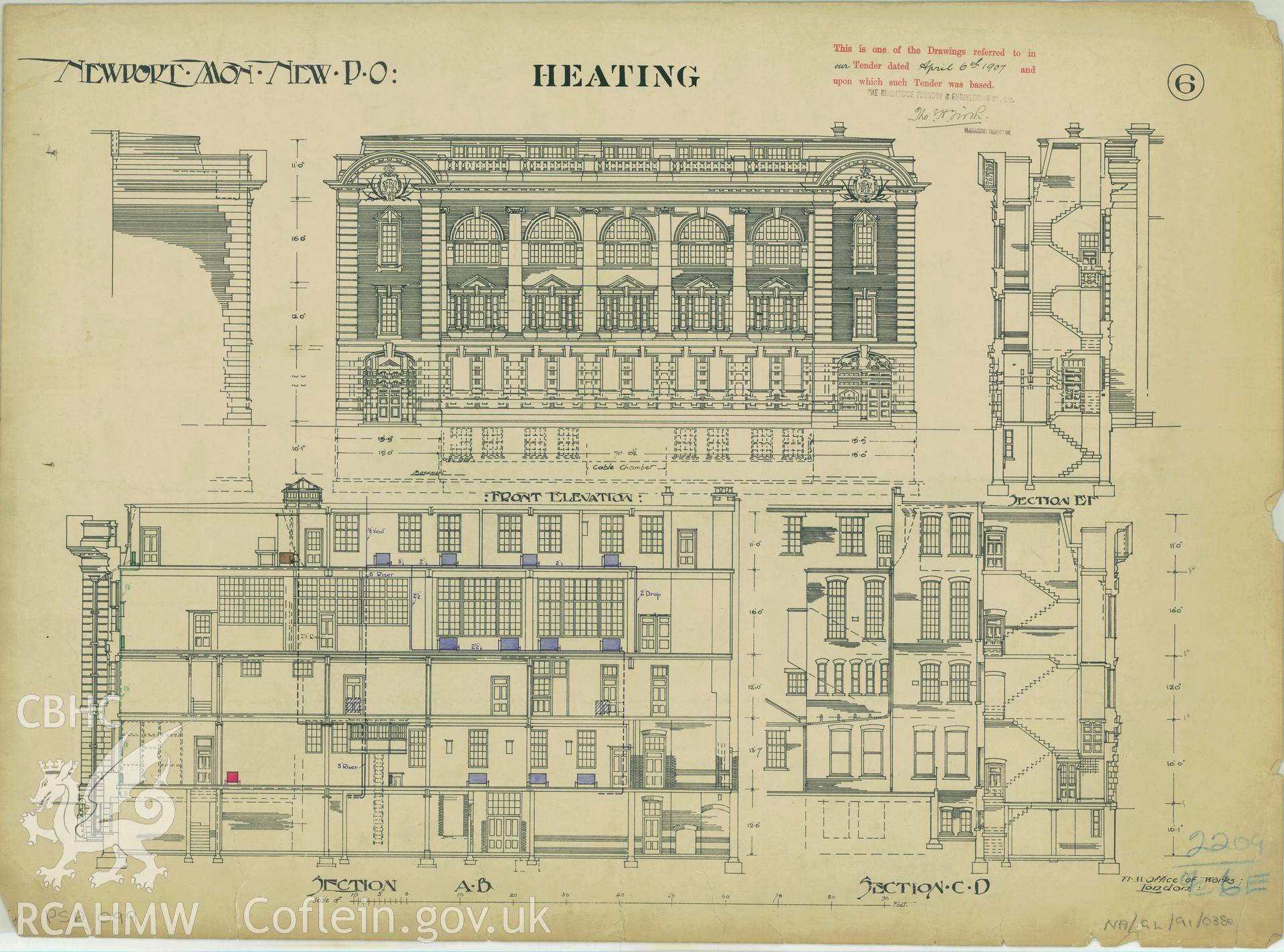 Head Post Office, High Street, Newport;  measured drawing showing heating system detail on section views, produced by H.M. Office of Works, c.1905