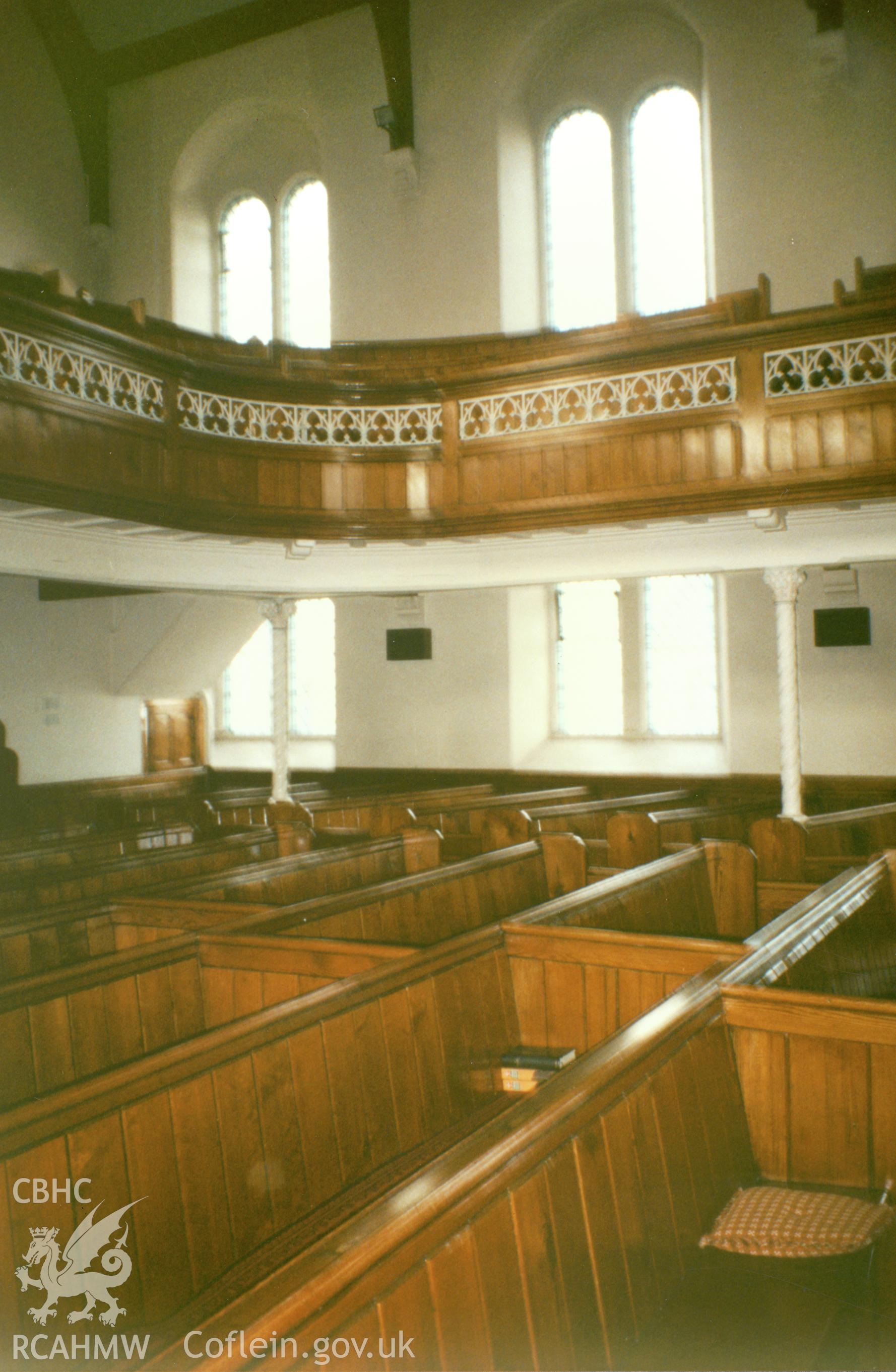 Digital copy of a colour photograph showing an interior view of the Priory Street Welsh Independent Chapel, Carmarthen, taken by Robert Scourfield, c.1996.