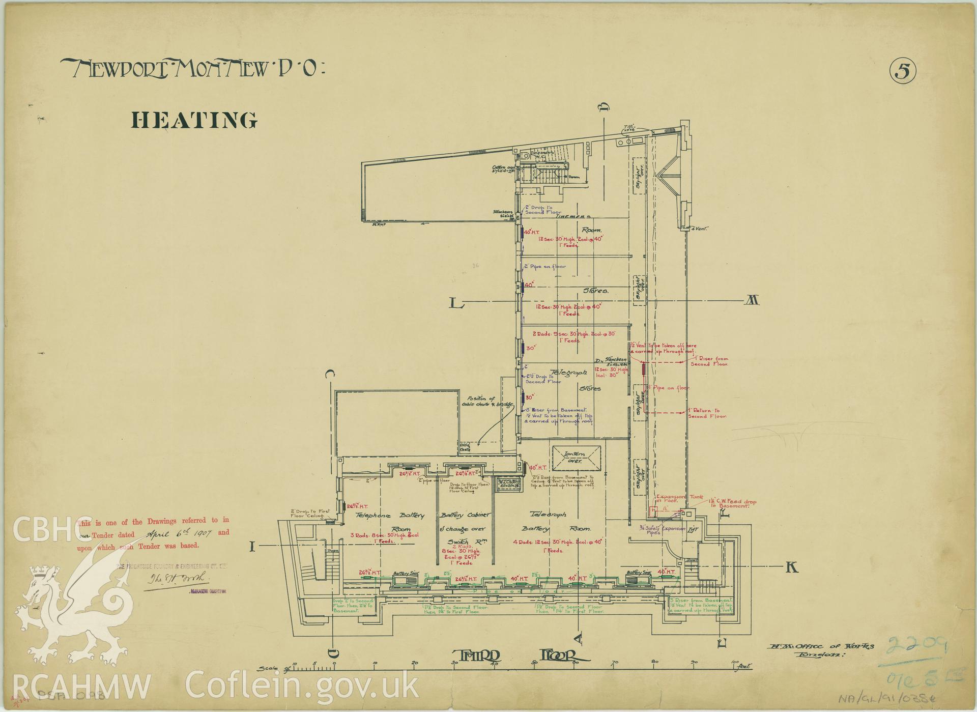 Head Post Office, High Street, Newport;  measured drawing showing heating system detail on third floor plan, produced by H.M. Office of Works, c.1905