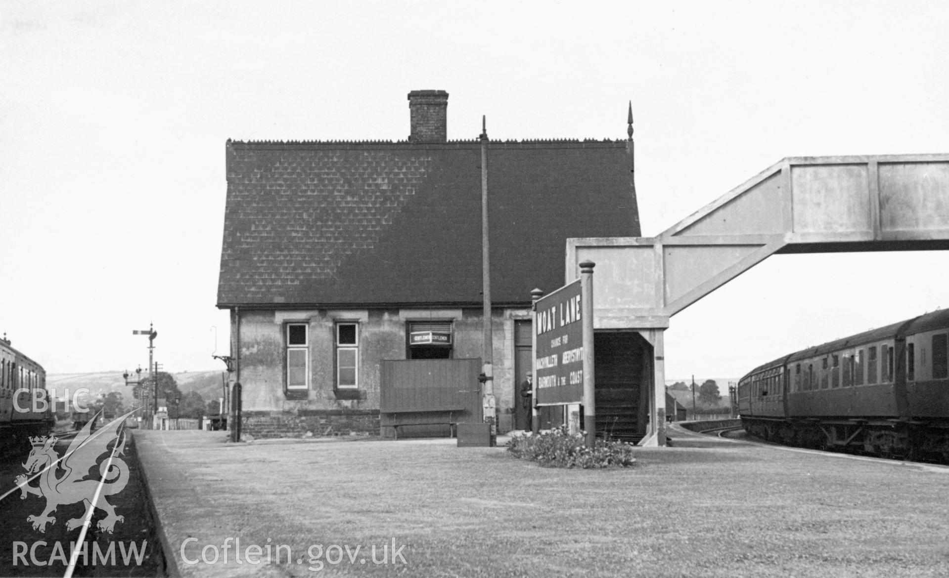 Black and white photograph by H.C. Casserley showing view of Moat Lane Railway Railway Station. From Rokeby Album V, no.70b.