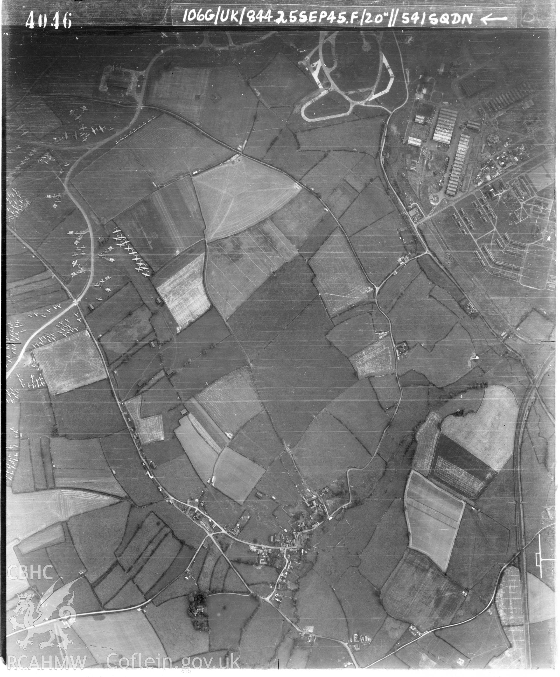 Black and white vertical aerial photograph taken by the RAF on 25/09/1945 centred on SS98876955 at a scale of 1:10000. The photograph includes part of Llan-maes community in The Vale of Glamorgan.