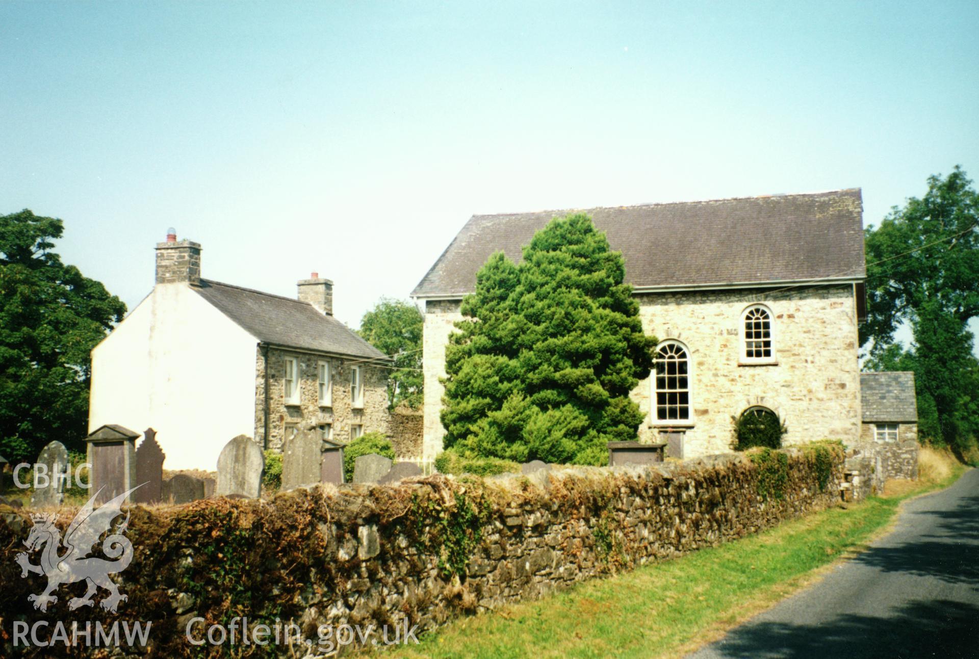 Digital copy of a colour photograph showing an exterior view of Pensarn Chapel, Caerwedros, taken by Robert Scourfield, c.1996.