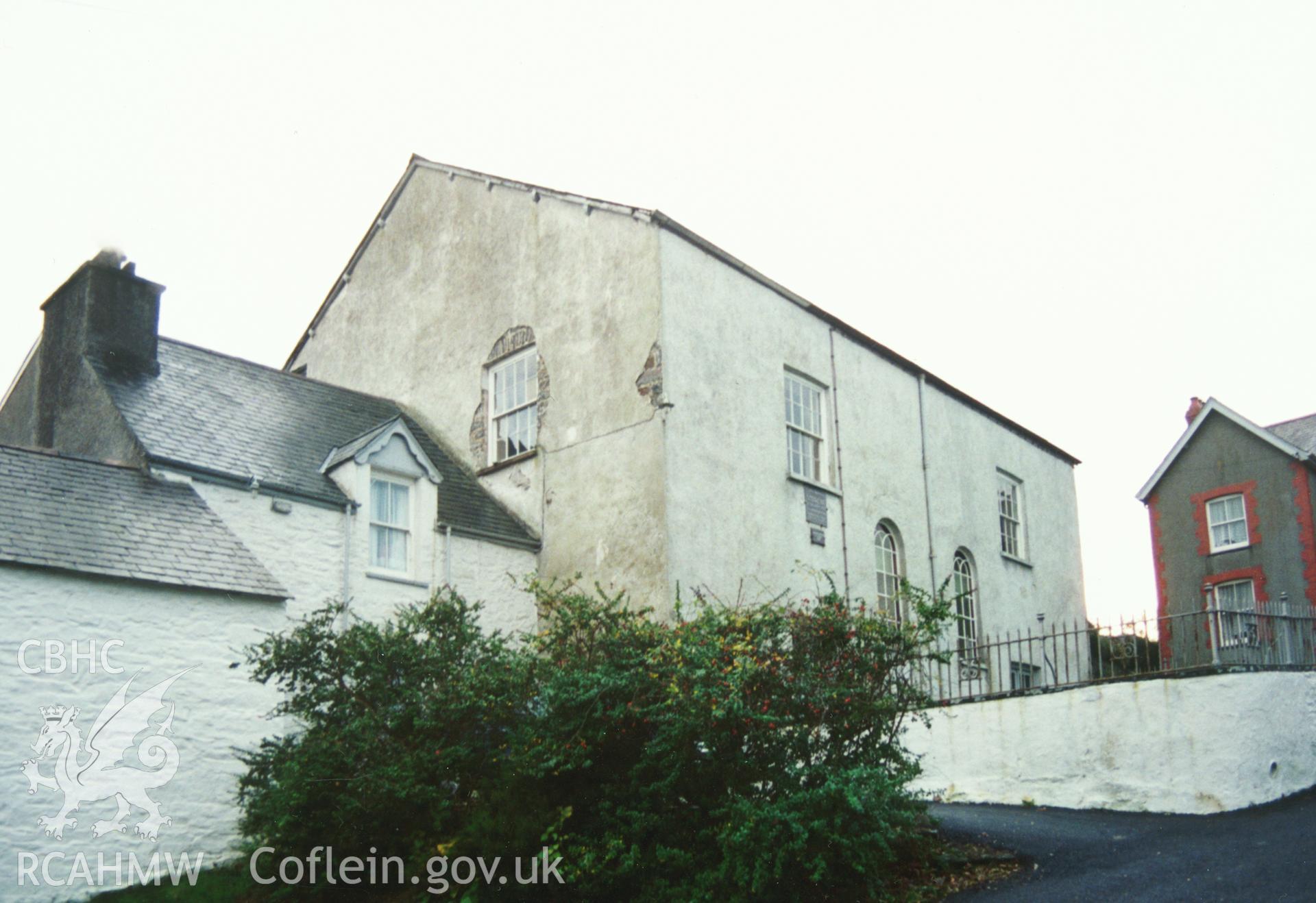 Digital copy of a colour photograph showing an exterior view of the Rhiw-bwys Welsh Calvinistic Methodist Chapel,  taken by Robert Scourfield, c.1996.