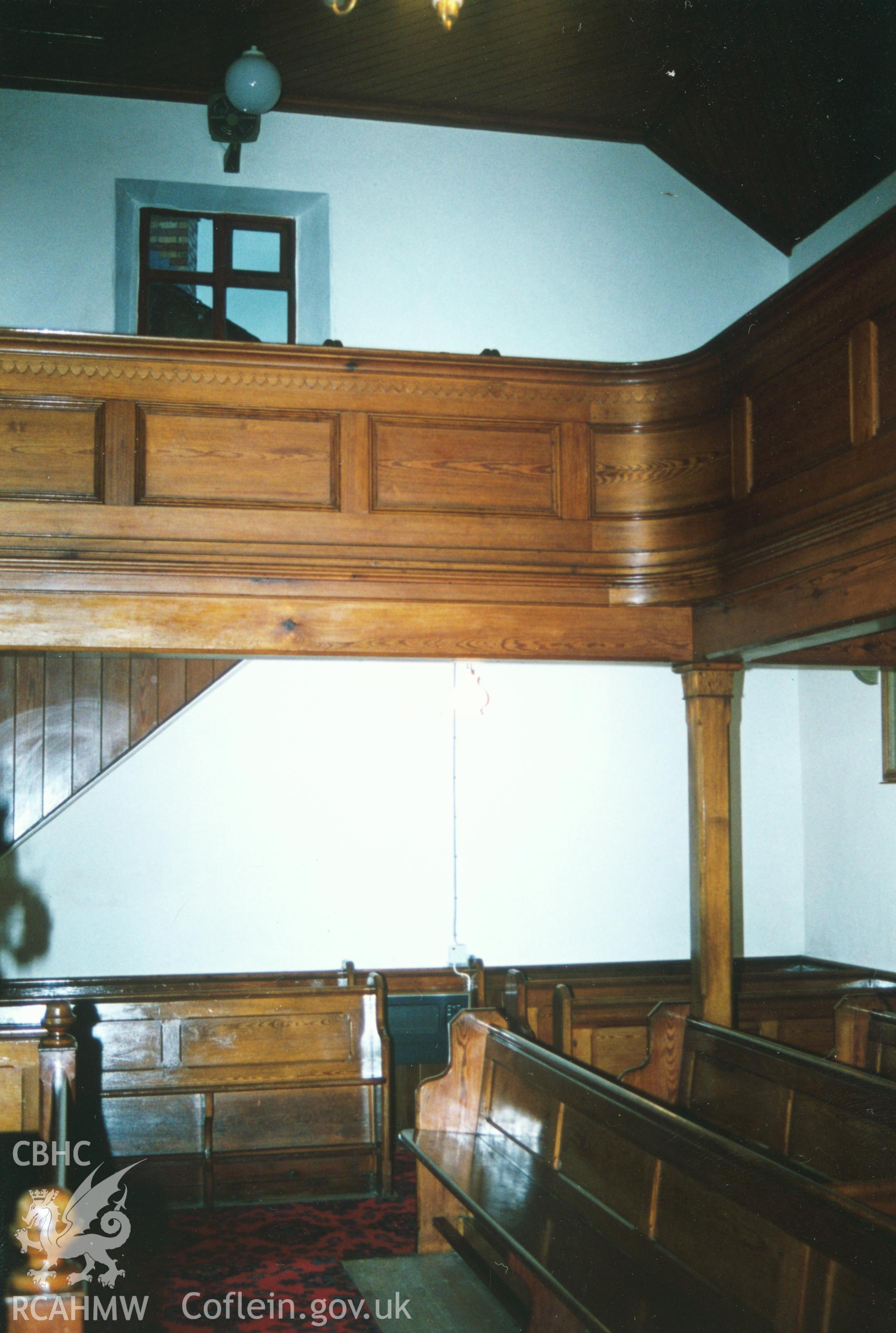 Digital copy of a colour photograph showing an interior view of Cribyn Welsh Unitarian Chapel,  taken by Robert Scourfield, c.1996.