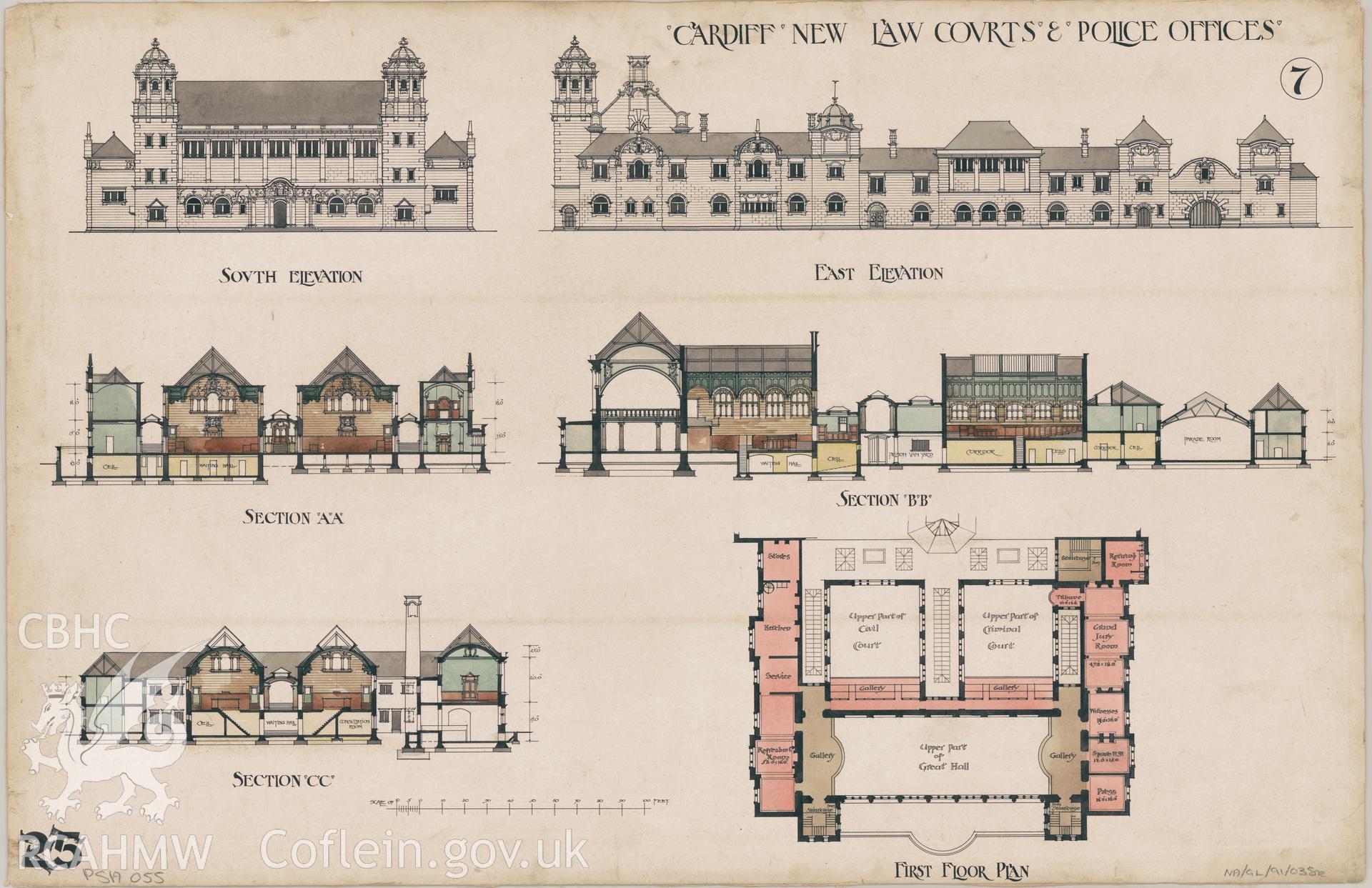 Law Court, Cathays Park, Cardiff; measured drawing showing proposed elevation views, section views and first floor plan, submitted as an entry in the 1897 competition to produce a design for the new Law Court.