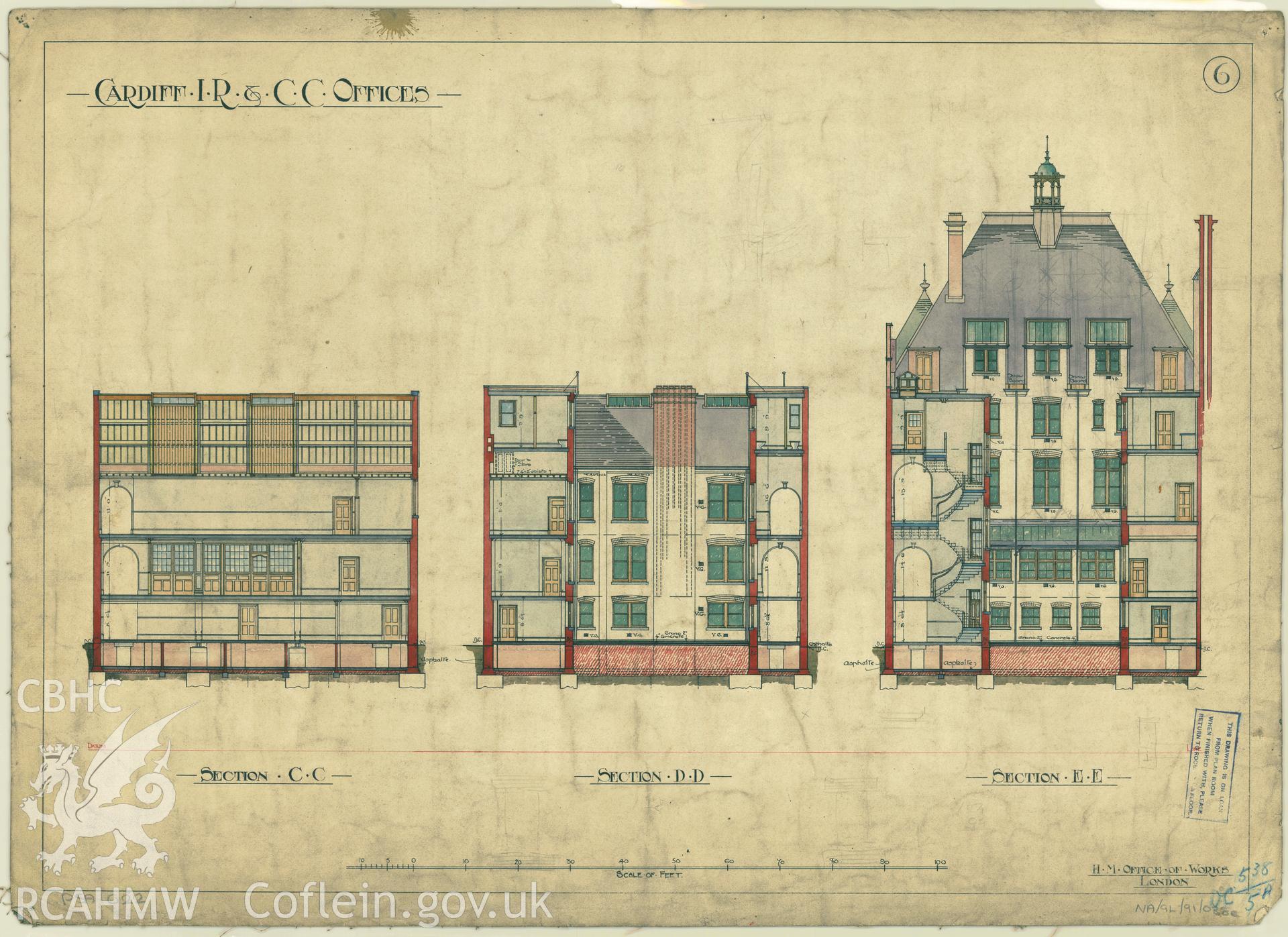 Cardiff Inland Revenue and County Court Offices; measured drawing showing section views, produced by H.M. Office of Works,  undated.