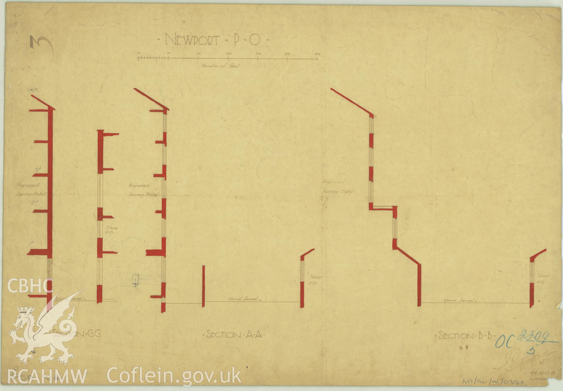 Head Post Office, High Street, Newport;  measured drawing showing section views, produced by H.M. Office of Works, c.1905