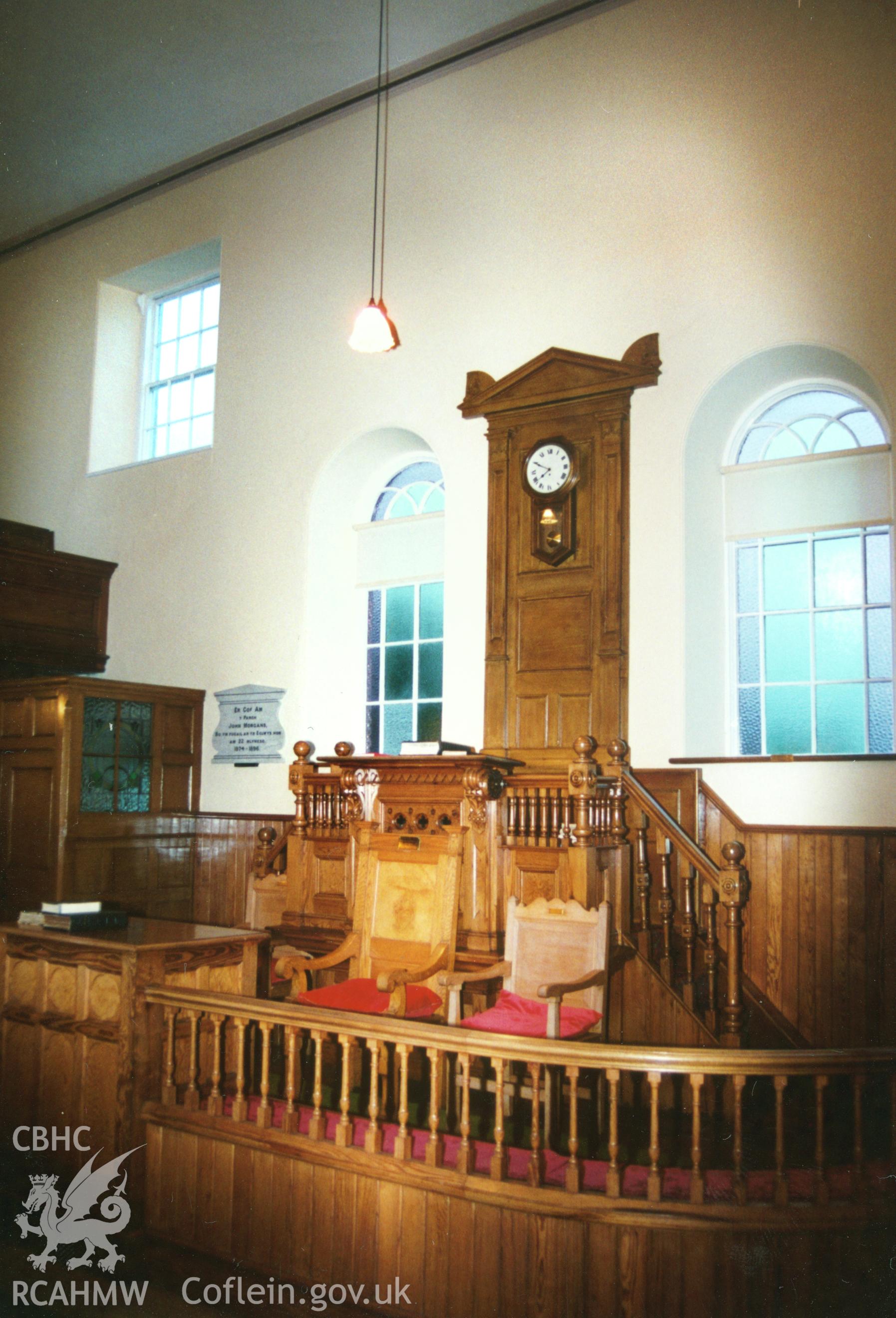 Digital copy of a colour photograph showing an interior view of the Rhiw-bwys Welsh Calvinistic Methodist Chapel,  taken by Robert Scourfield, c.1996.