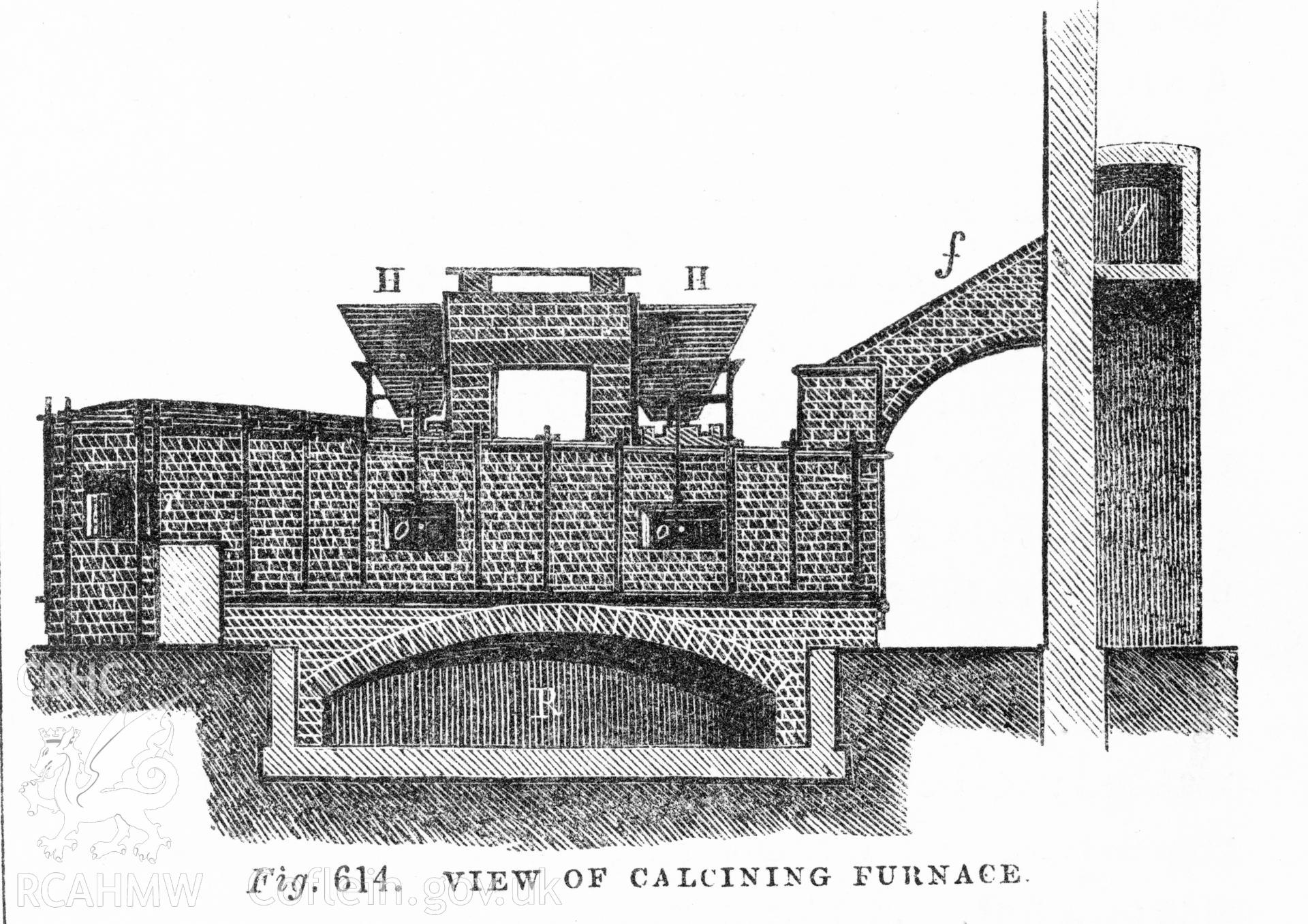 Digitized image of a drawing showing a calcining furnace as published fig 614 from Tomlinson's 'Cyclopedia of Useful Arts, Manufacturing, Mining and Engineering' Vol I, 1854.